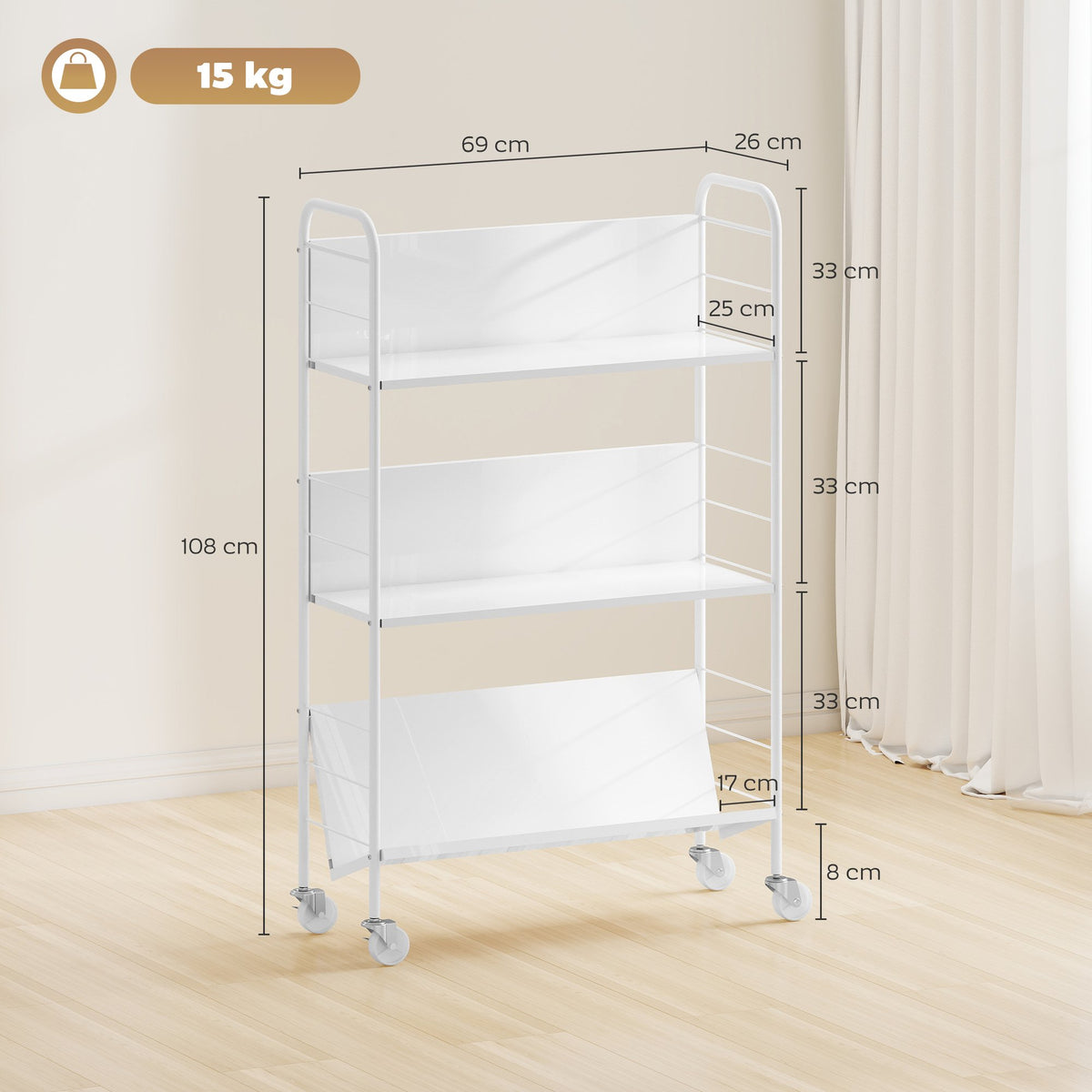 Rolling 3-Tier Metal Bookshelf, 69x26x108 cm, White