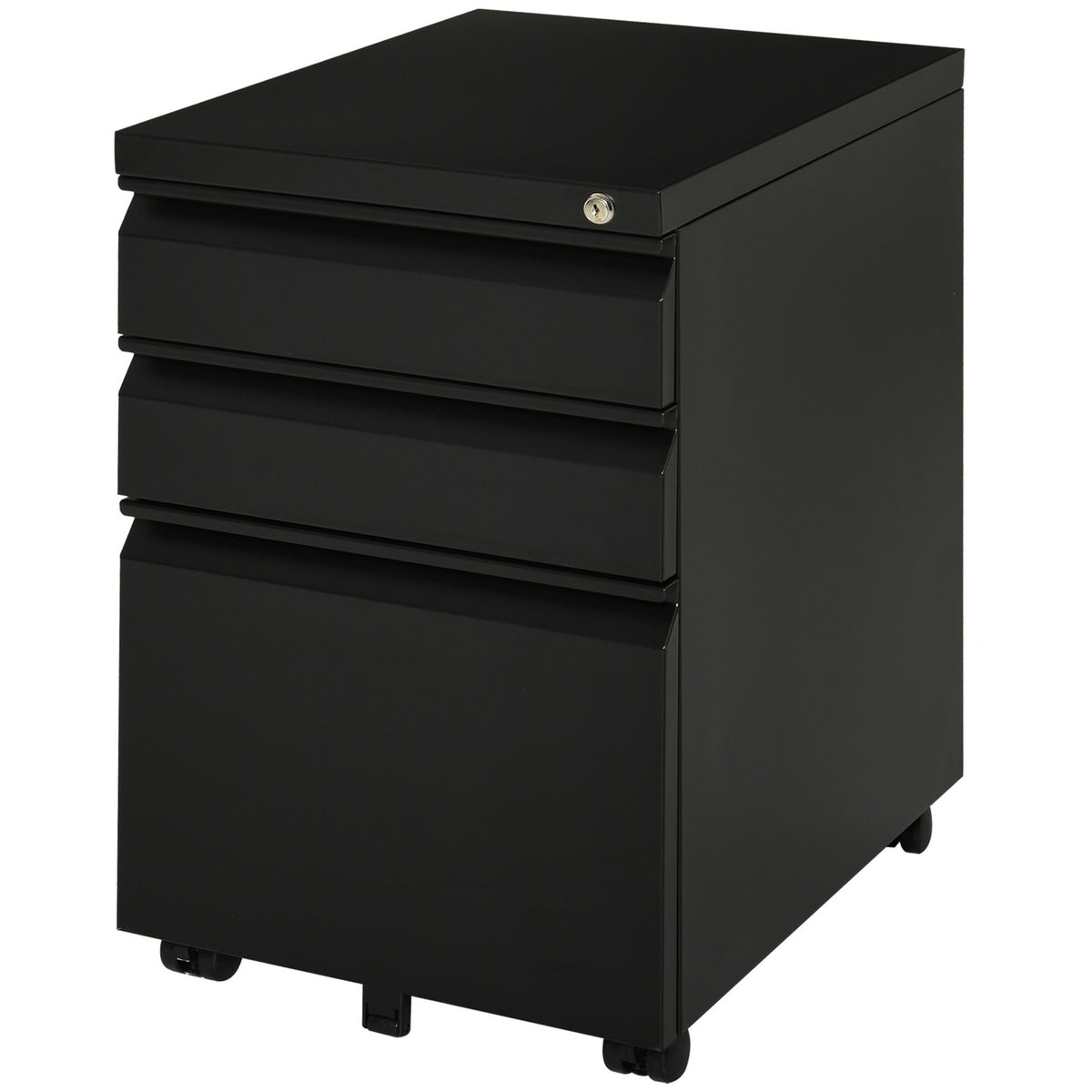 Rolling Cabinet With 3 Drawers, Office Cabinet With Wheels, Concave Handle, Steel, Black