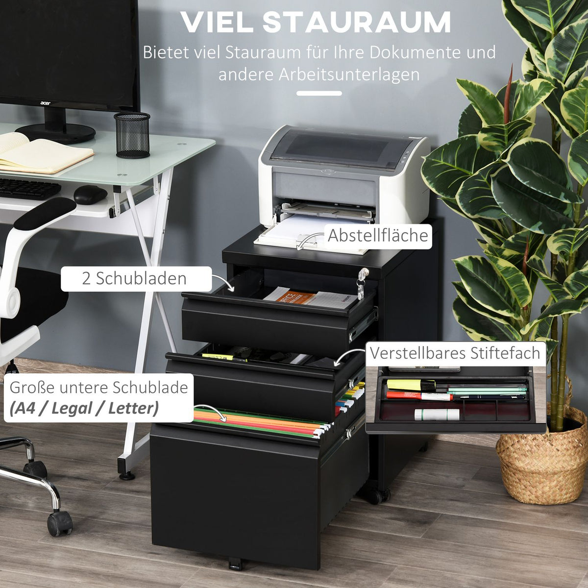 Rolling Cabinet With 3 Drawers, Office Cabinet With Wheels, Concave Handle, Steel, Black