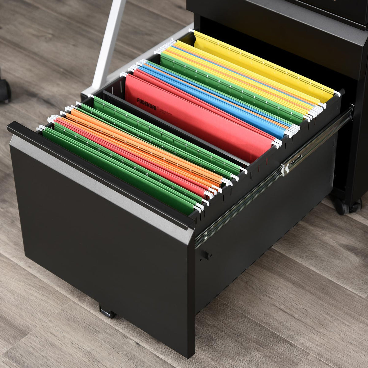 Rolling Cabinet With 3 Drawers, Office Cabinet With Wheels, Concave Handle, Steel, Black