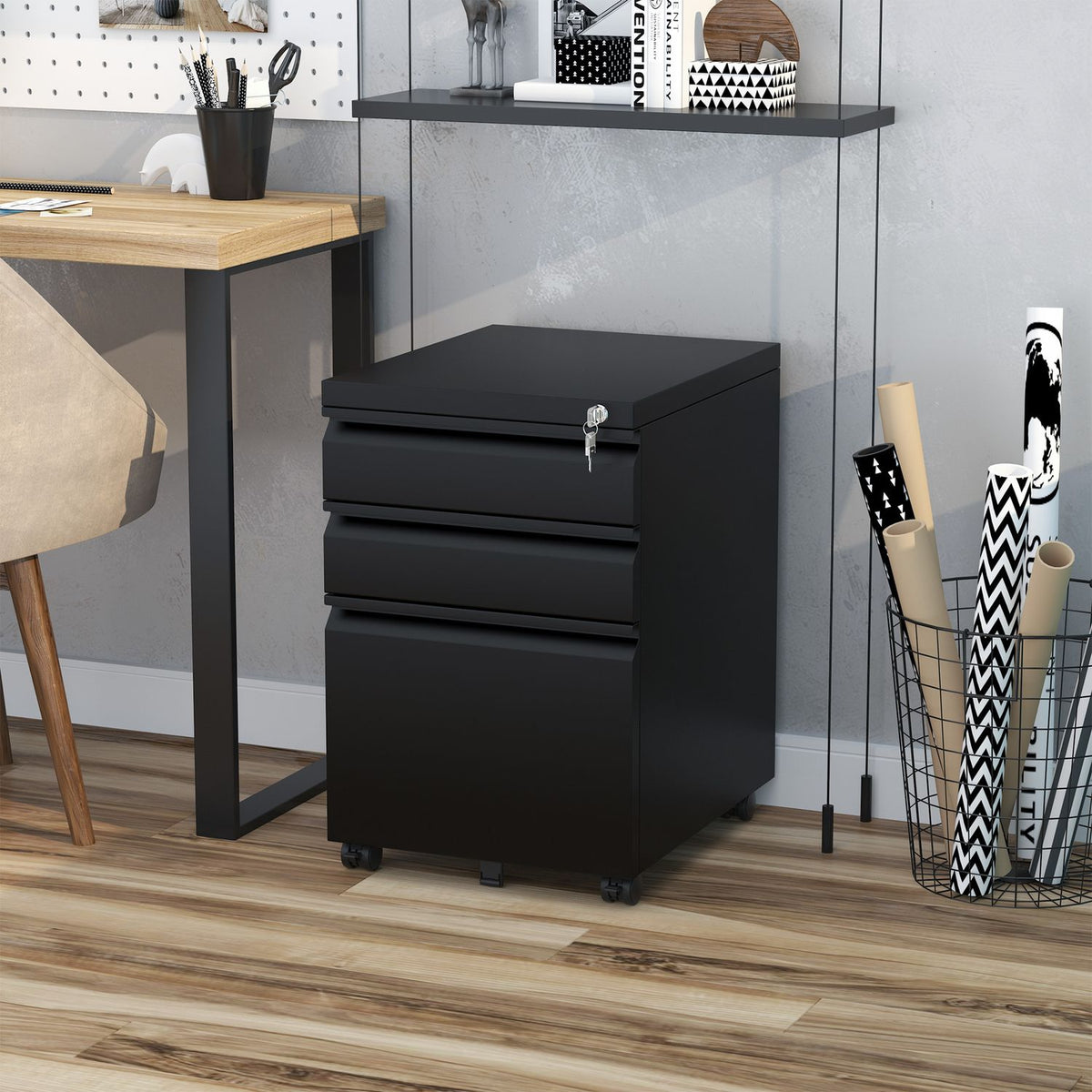 Rolling Cabinet With 3 Drawers, Office Cabinet With Wheels, Concave Handle, Steel, Black