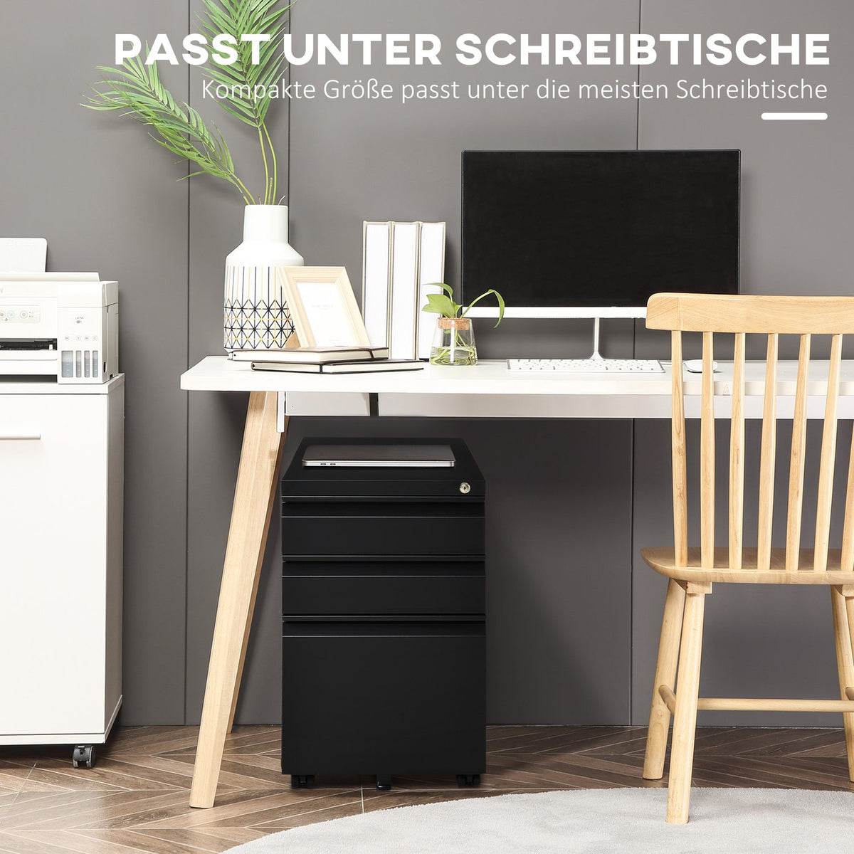Rolling Cabinet With 3 Drawers, Office Cabinet With Wheels, Concave Handle, Steel, Black
