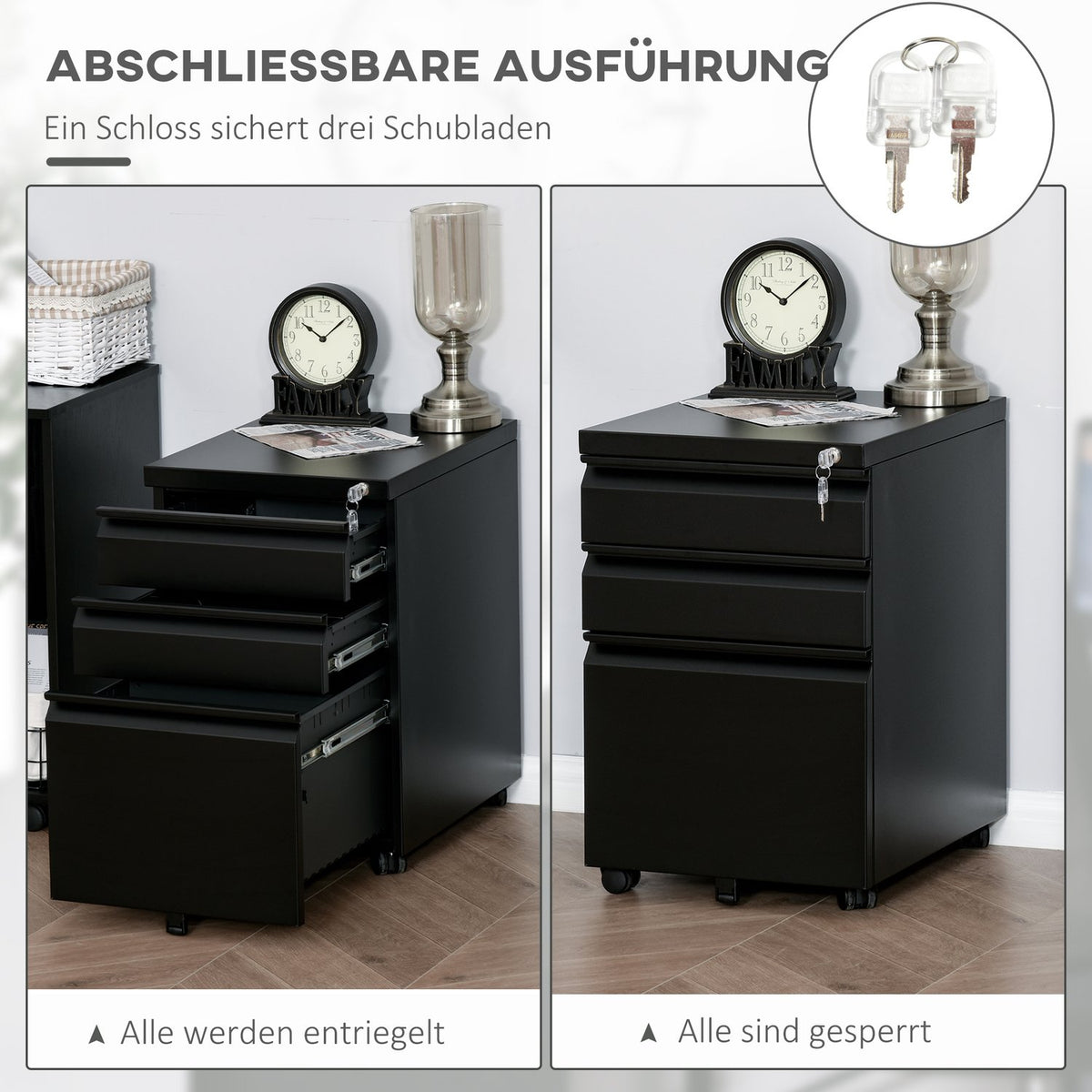 Rolling Cabinet With 3 Drawers, Office Cabinet With Wheels, Concave Handle, Steel, Black