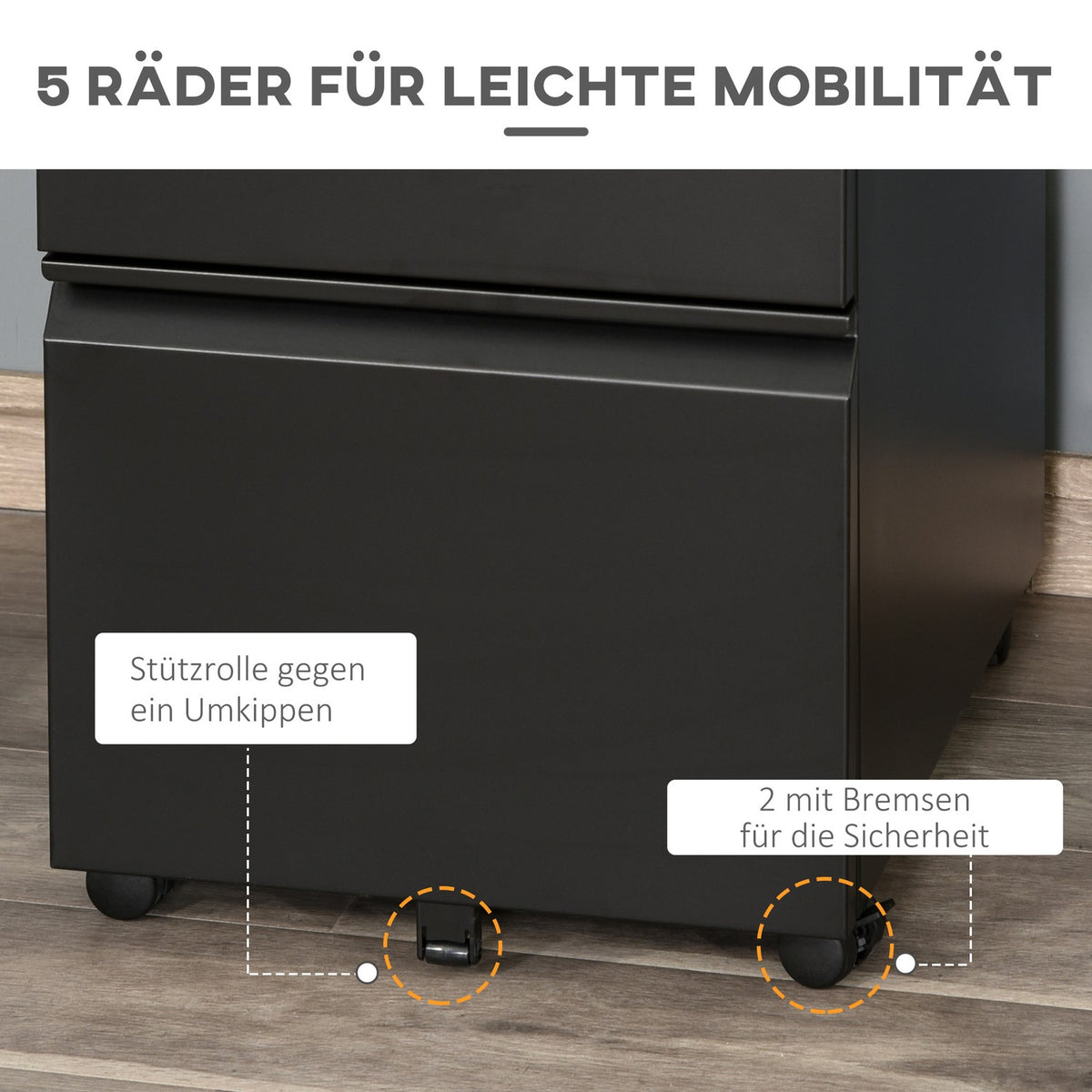 Rolling Cabinet With 3 Drawers, Office Cabinet With Wheels, Concave Handle, Steel, Black