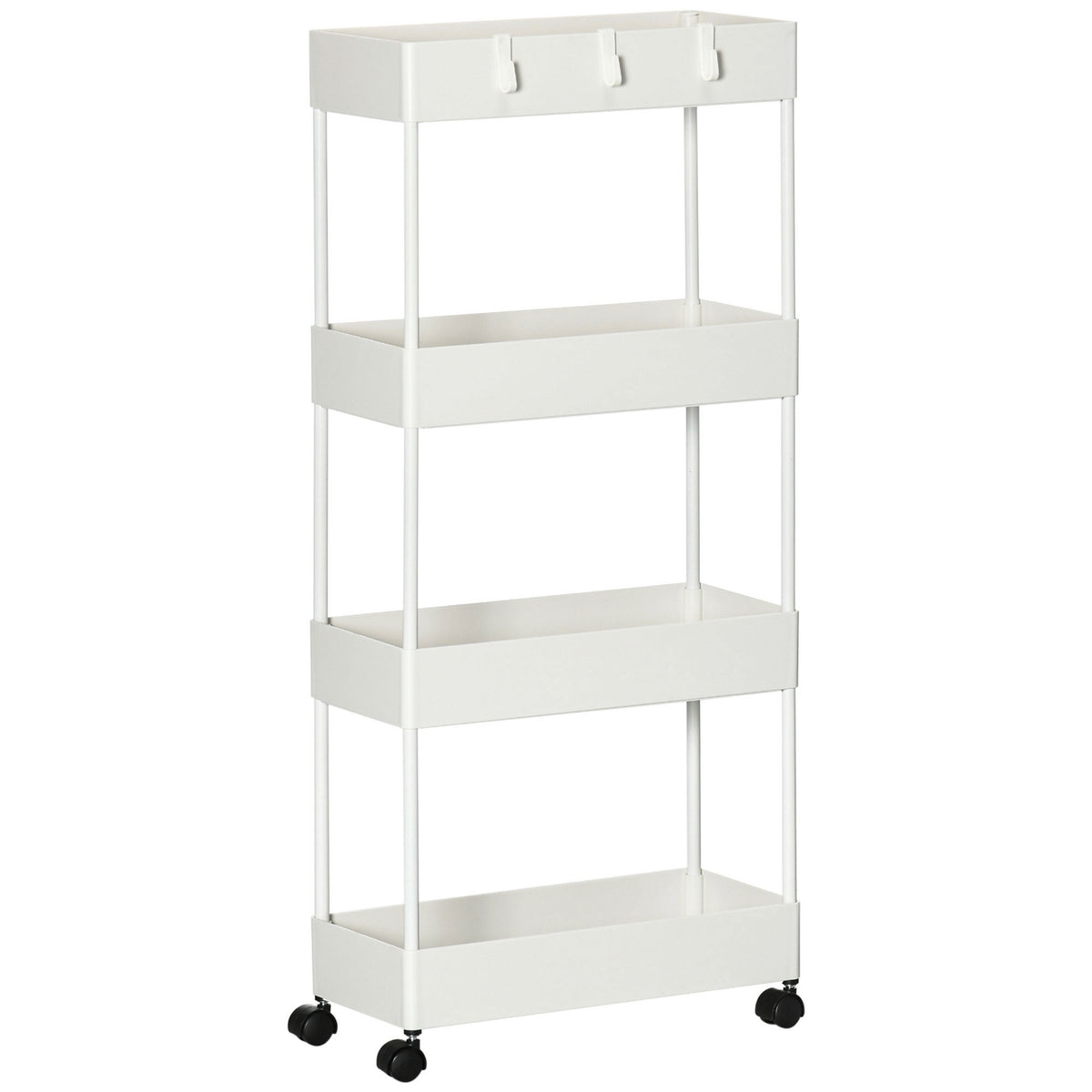 Rolling Cart Kitchen Shelf With 4 Tiers, Storage Rack With Wheels & Brakes, White