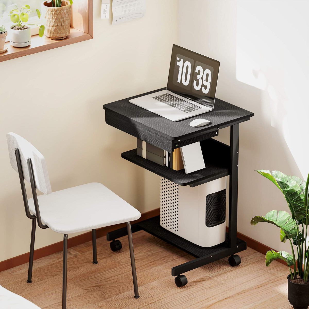 Rolling Computer Desk with Drawer, Shelves and Locking Casters