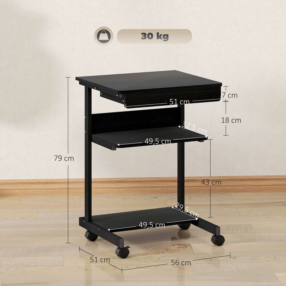 Rolling Computer Desk with Drawer, Shelves and Locking Casters