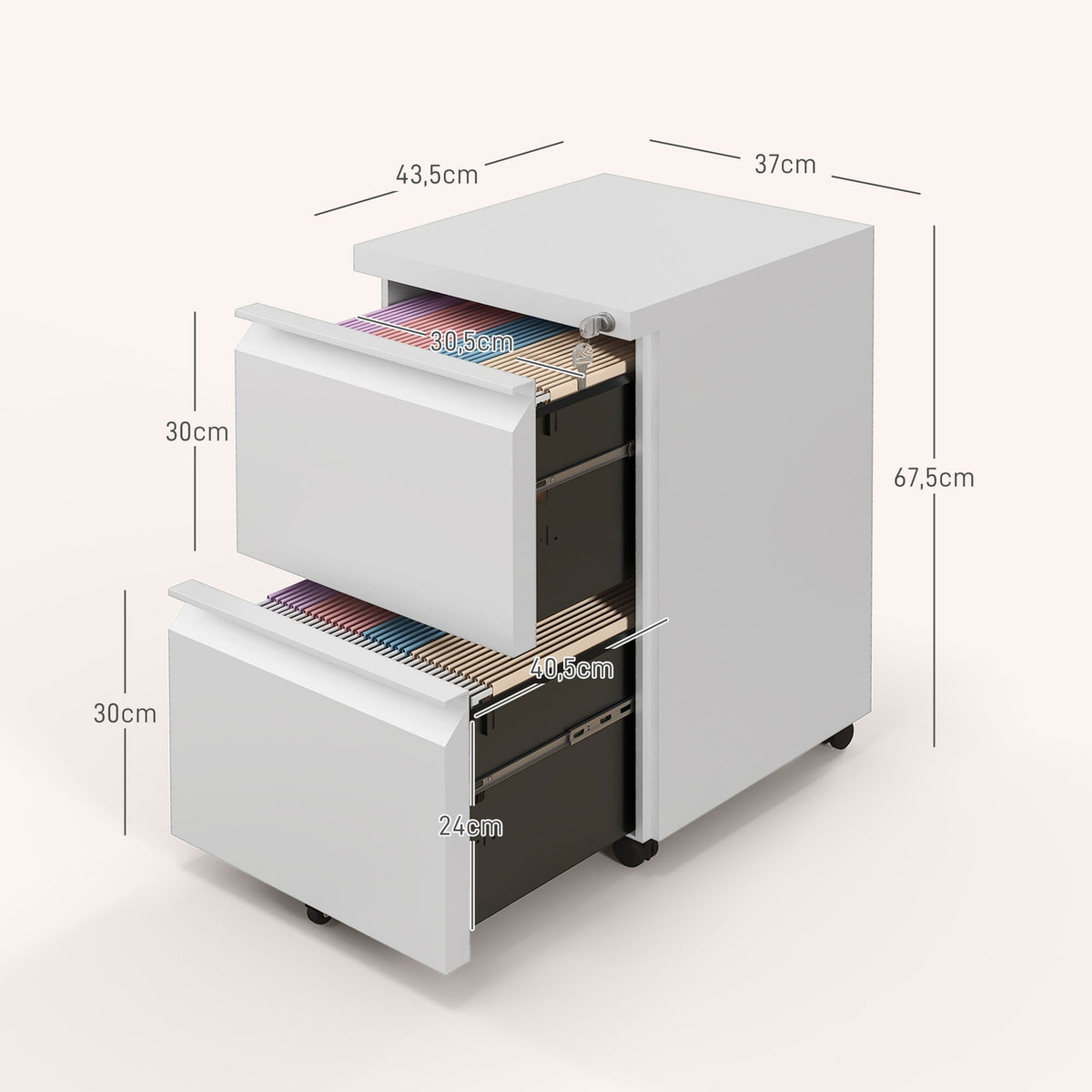Rolling Container Filing Cabinet 2 Drawers Office Container Lockable Standing Container Office Cabinet A4 Format Steel White 37X43.5X67.5Cm