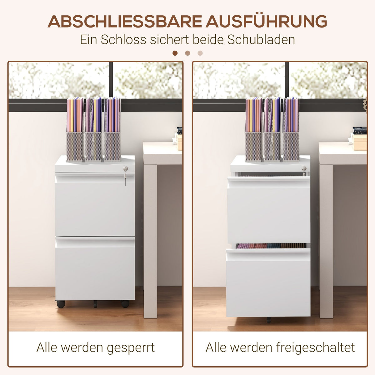 Rolling Container Filing Cabinet 2 Drawers Office Container Lockable Standing Container Office Cabinet A4 Format Steel White 37X43.5X67.5Cm