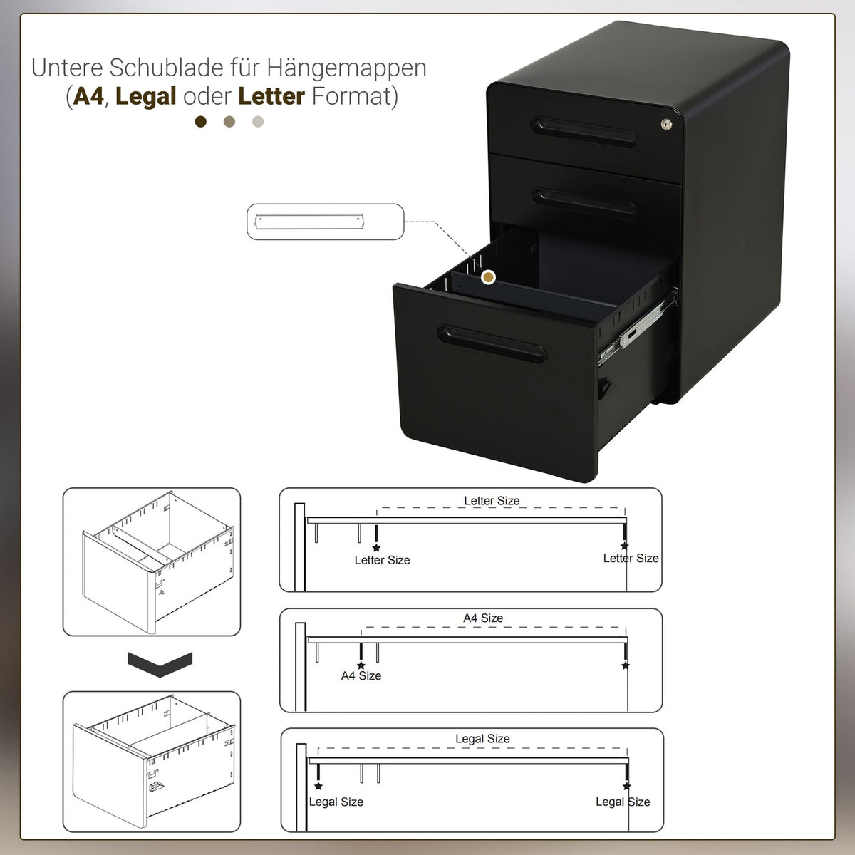Rolling Container Filing Cabinet Office Container With 3 Drawers, Steel, Black, 39X48X59Cm