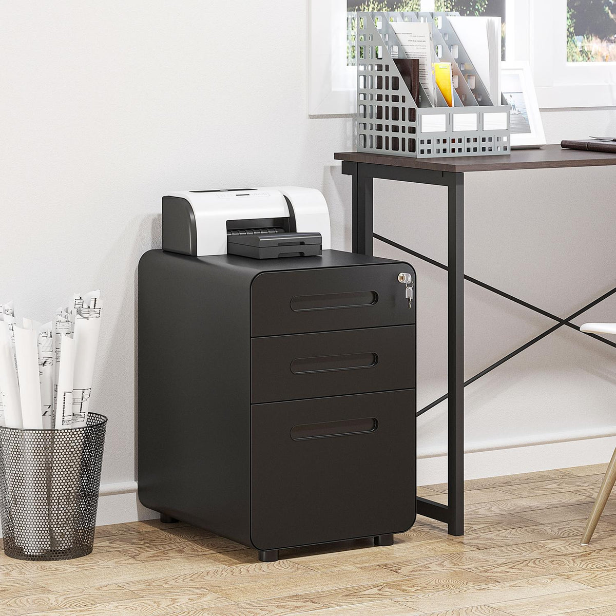 Rolling Container Filing Cabinet Office Container With 3 Drawers, Steel, Black, 39X48X59Cm
