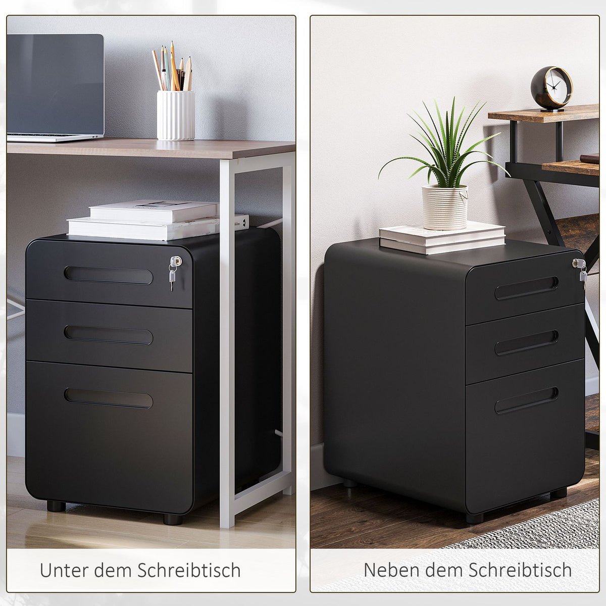 Rolling Container Filing Cabinet Office Container With 3 Drawers, Steel, Black, 39X48X59Cm