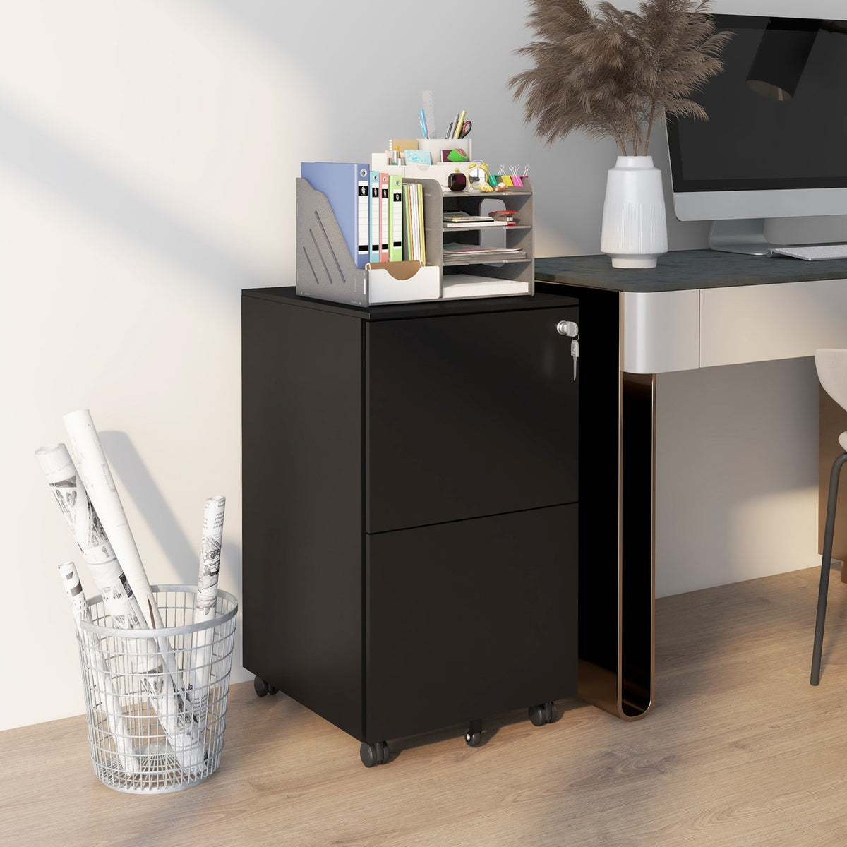 Rolling Container Filing Cabinet With 2 Drawers, Lockable, On Wheels, Steel, Black, 37X43.5X67.5Cm