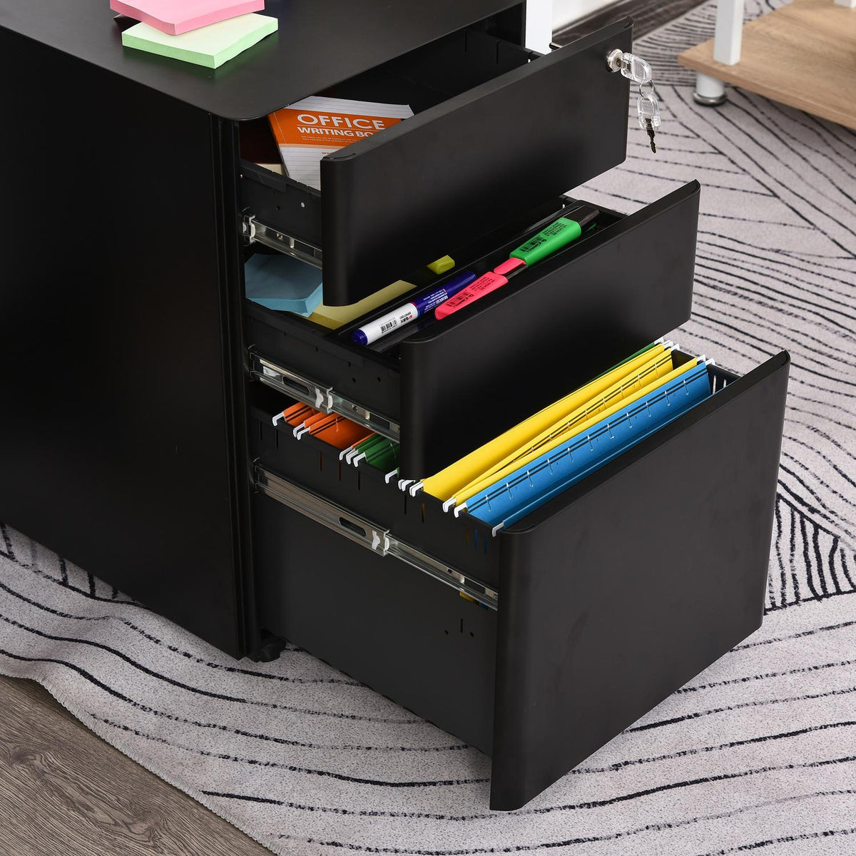 Rolling Container Mobile Filing Cabinet With 3 Drawers, Office Cabinet, Steel, Black, 39X48X59Cm
