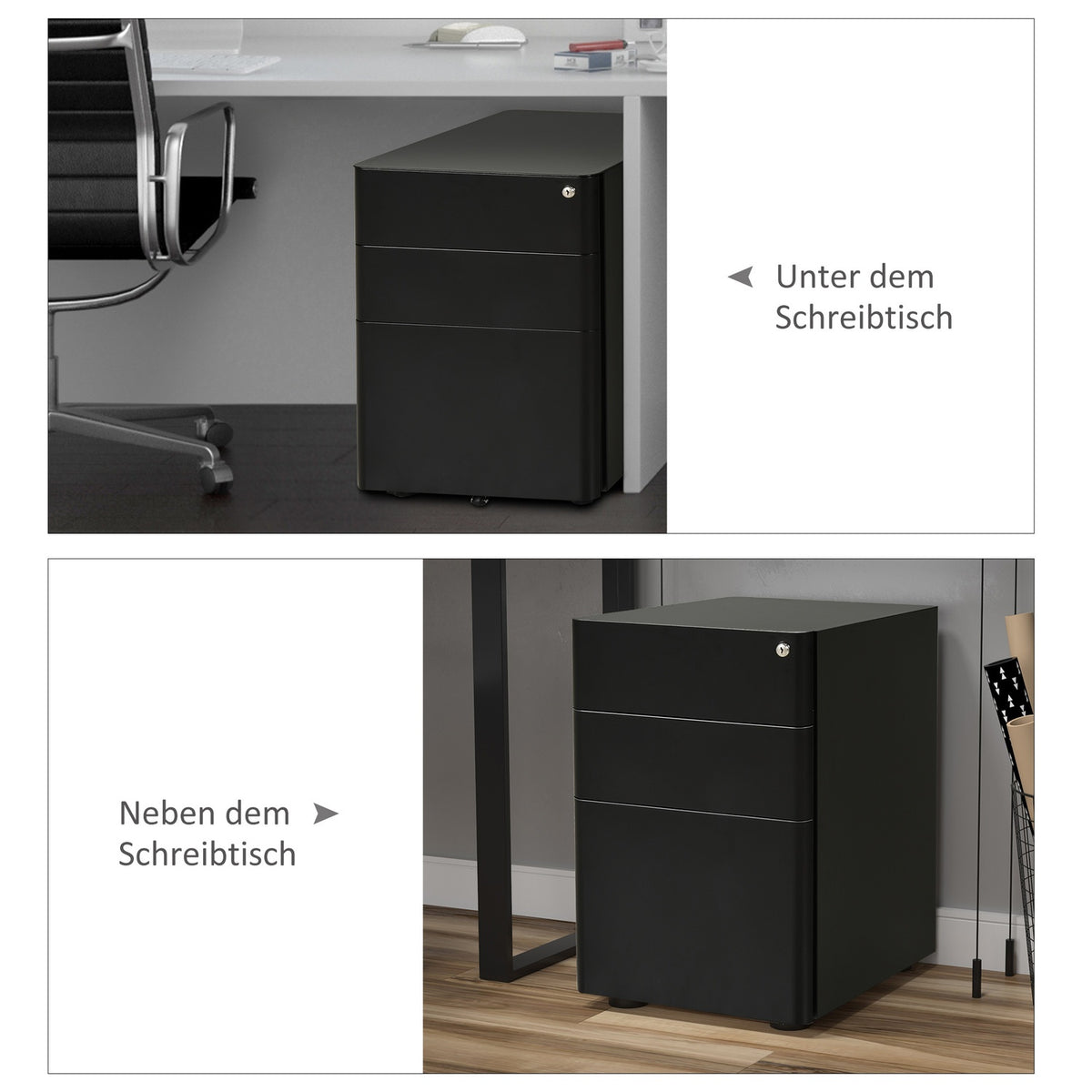 Rolling Container Mobile Filing Cabinet With 3 Drawers, Office Cabinet, Steel, Black, 39X48X59Cm