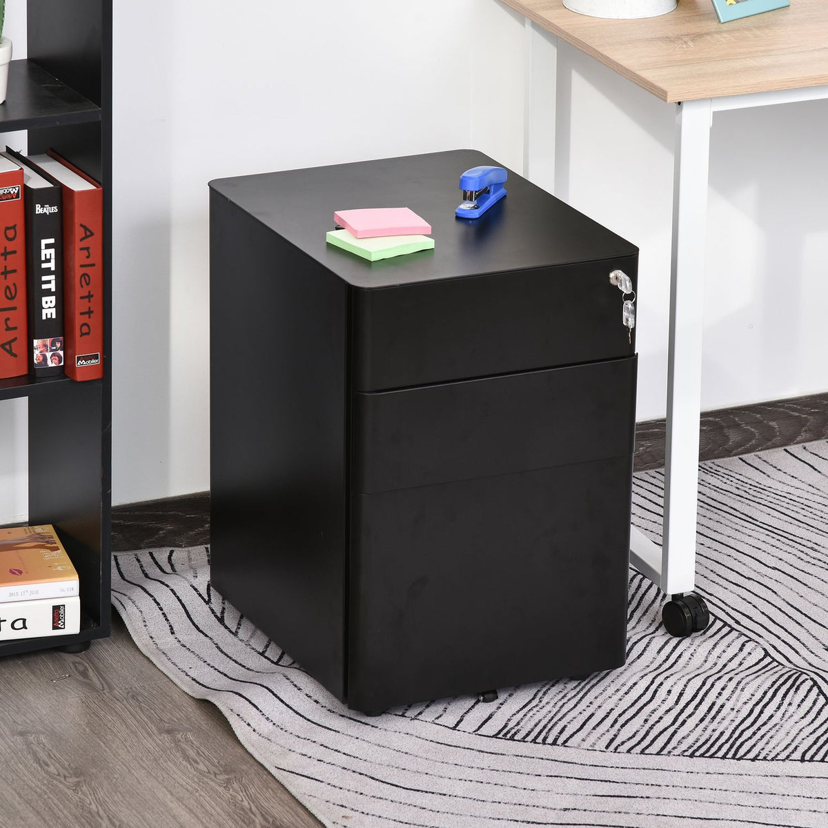 Rolling Container Mobile Filing Cabinet With 3 Drawers, Office Cabinet, Steel, Black, 39X48X59Cm