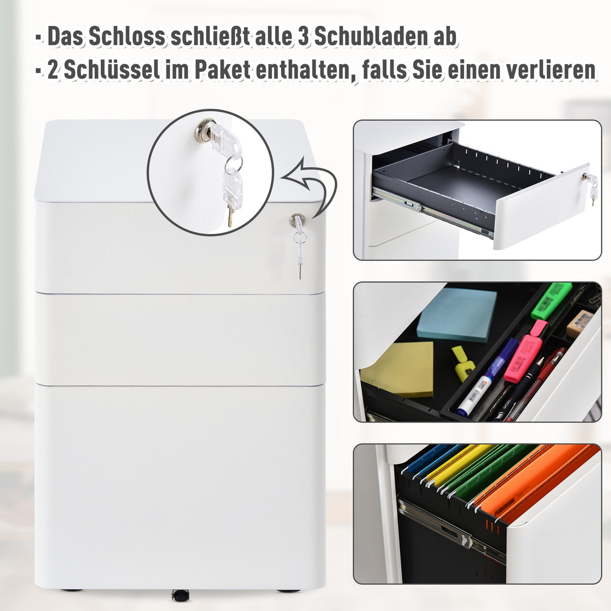 Rolling Container Mobile Filing Cabinet With 3 Drawers, Office Cabinet, Steel, White, 39X48X59Cm