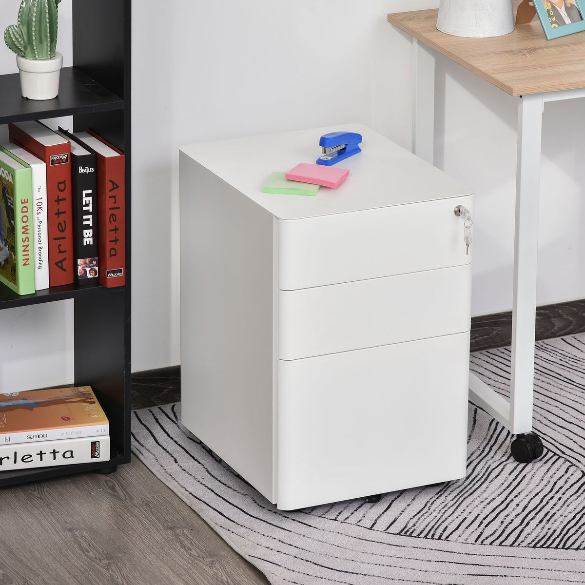 Rolling Container Mobile Filing Cabinet With 3 Drawers, Office Cabinet, Steel, White, 39X48X59Cm