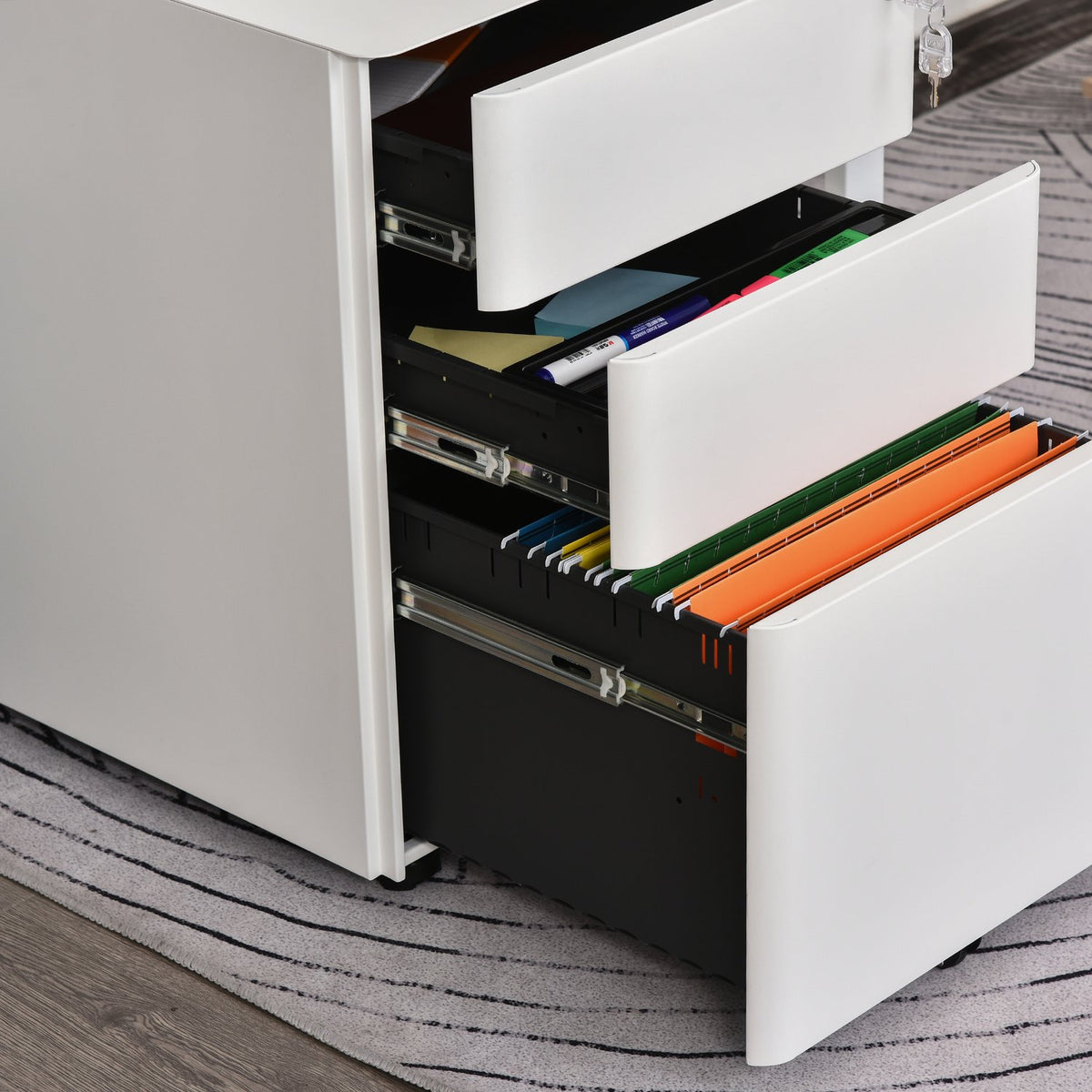 Rolling Container Mobile Filing Cabinet With 3 Drawers, Office Cabinet, Steel, White, 39X48X59Cm