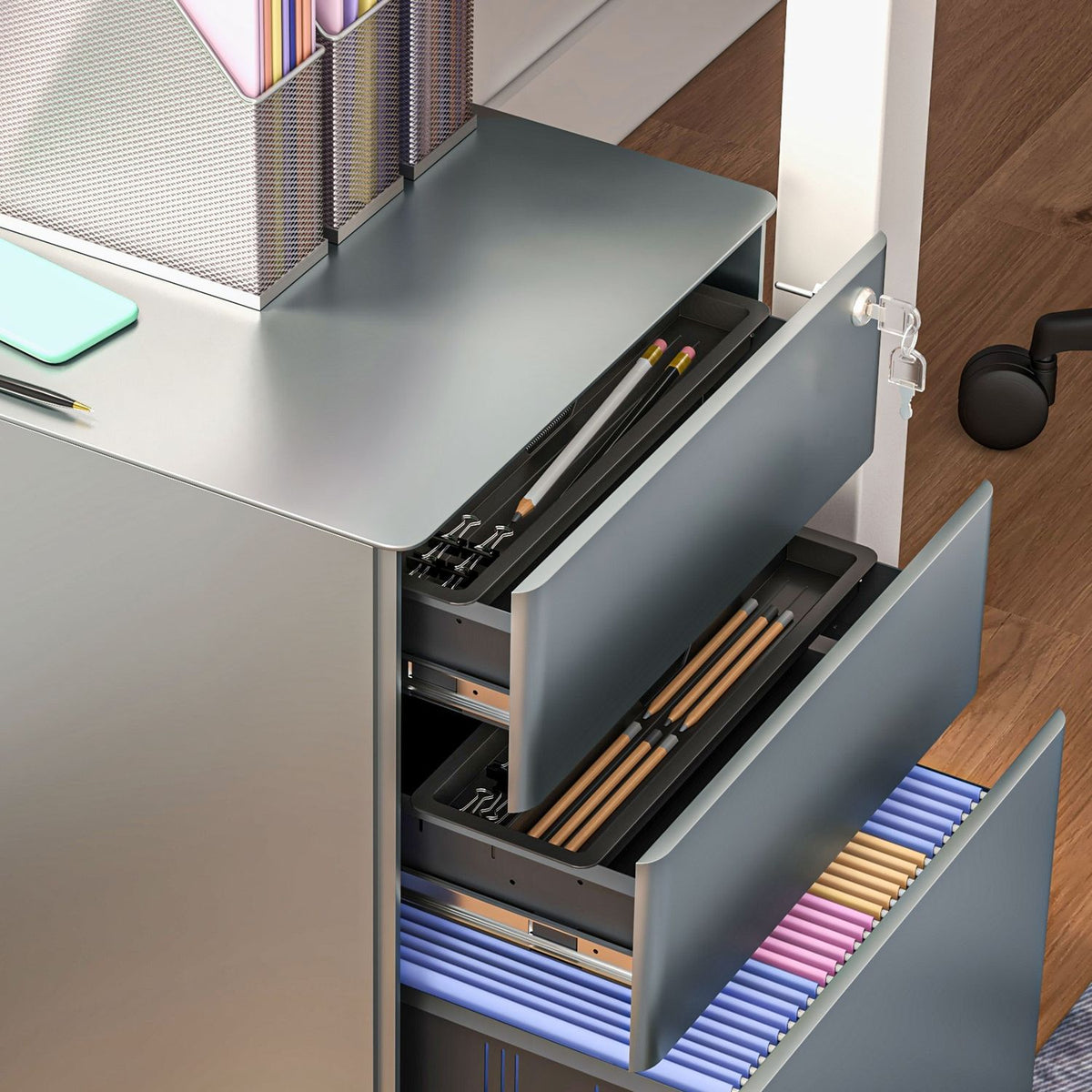 Rolling Container Mobile Filing Cabinet with 3 Drawers Lockable Office Cabinet with Hanging File Storage Steel 39 x 48 x 59 cm Gray