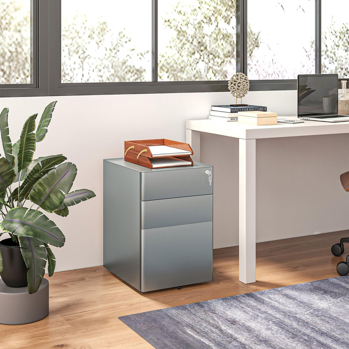 Rolling Container Mobile Filing Cabinet with 3 Drawers Lockable Office Cabinet with Hanging File Storage Steel 39 x 48 x 59 cm Gray
