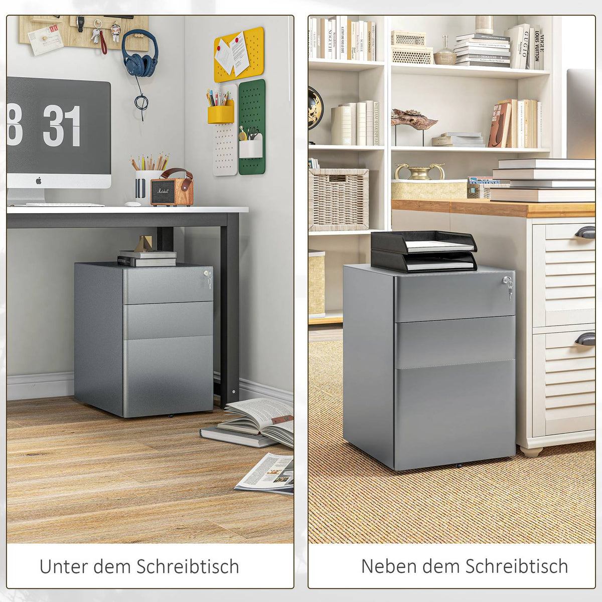 Rolling Container Mobile Filing Cabinet with 3 Drawers Lockable Office Cabinet with Hanging File Storage Steel 39 x 48 x 59 cm Gray