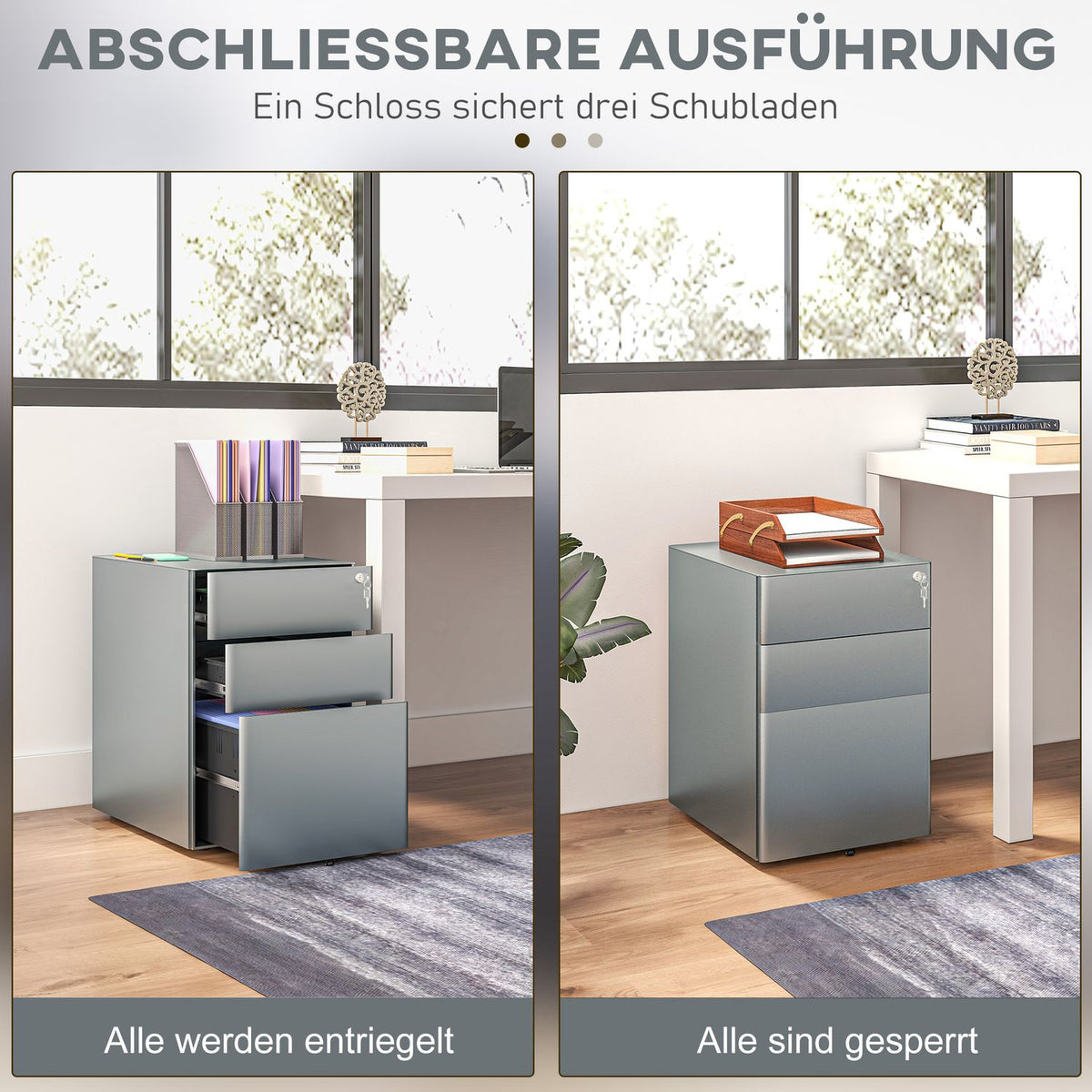 Rolling Container Mobile Filing Cabinet with 3 Drawers Lockable Office Cabinet with Hanging File Storage Steel 39 x 48 x 59 cm Gray