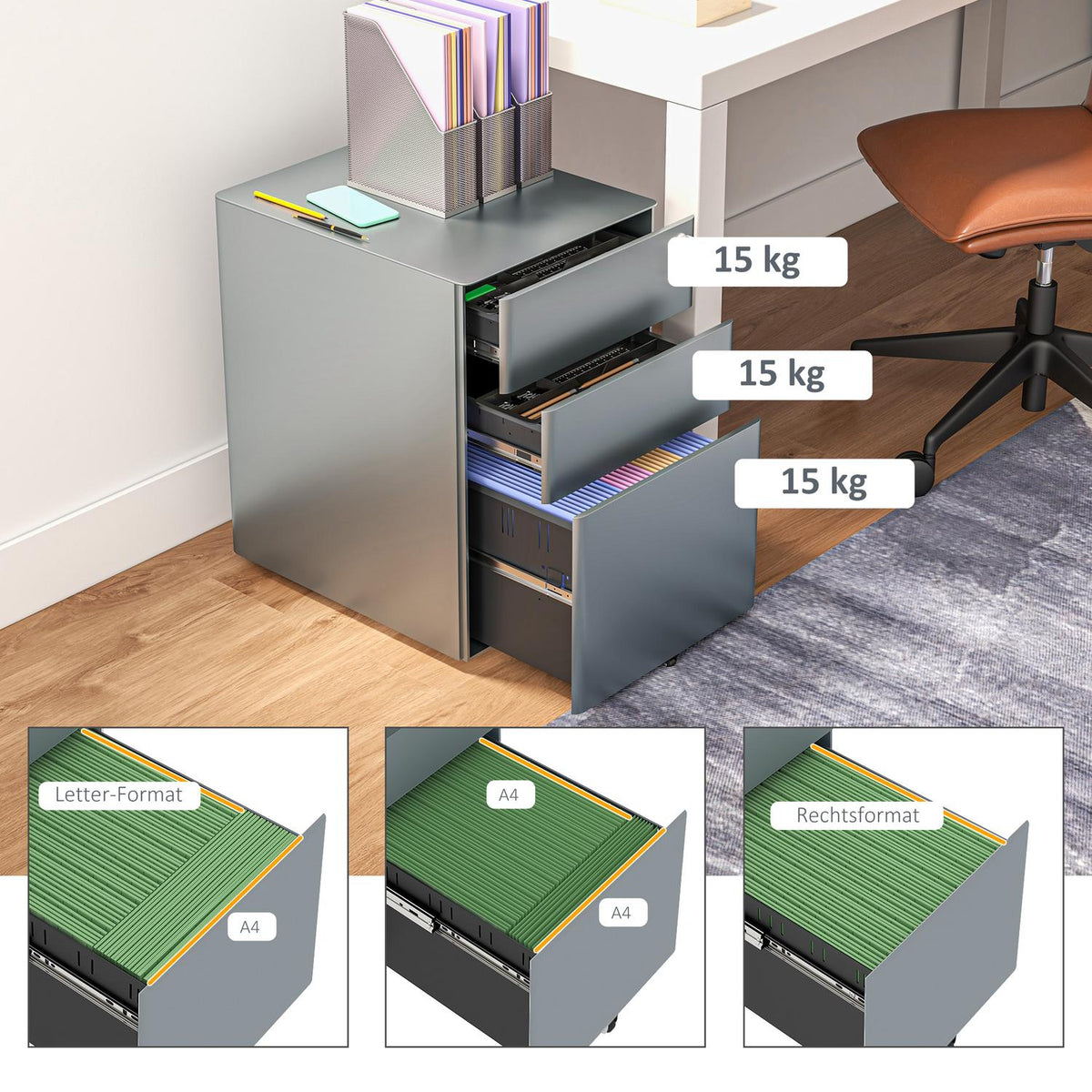 Rolling Container Mobile Filing Cabinet with 3 Drawers Lockable Office Cabinet with Hanging File Storage Steel 39 x 48 x 59 cm Gray