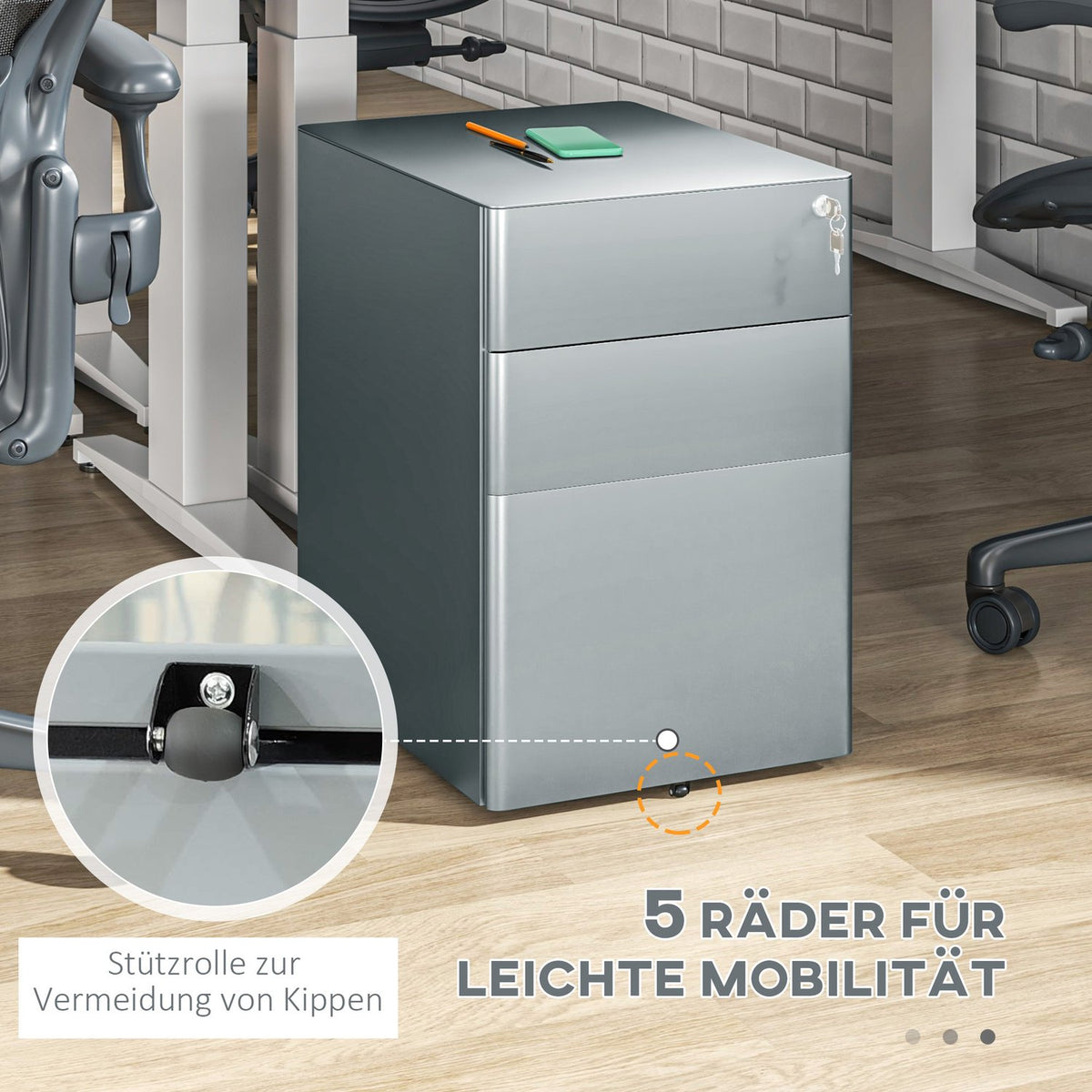 Rolling Container Mobile Filing Cabinet with 3 Drawers Lockable Office Cabinet with Hanging File Storage Steel 39 x 48 x 59 cm Gray