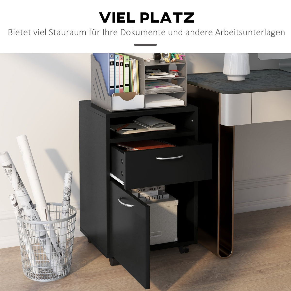 Rolling Container, Practical Filing Cabinet In Black, 40X35X60Cm, With Drawer For Office & Home Office