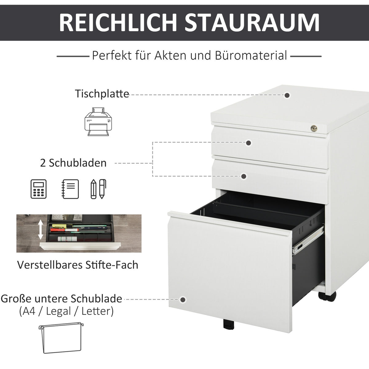 Rolling Container With 3 Drawers, Office Cabinet With Wheels, Concave Handle, Steel, White, 39X48X60Cm