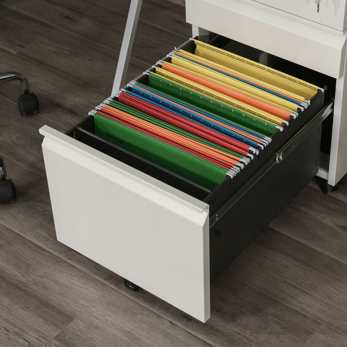Rolling Container With 3 Drawers, Office Cabinet With Wheels, Concave Handle, Steel, White, 39X48X60Cm