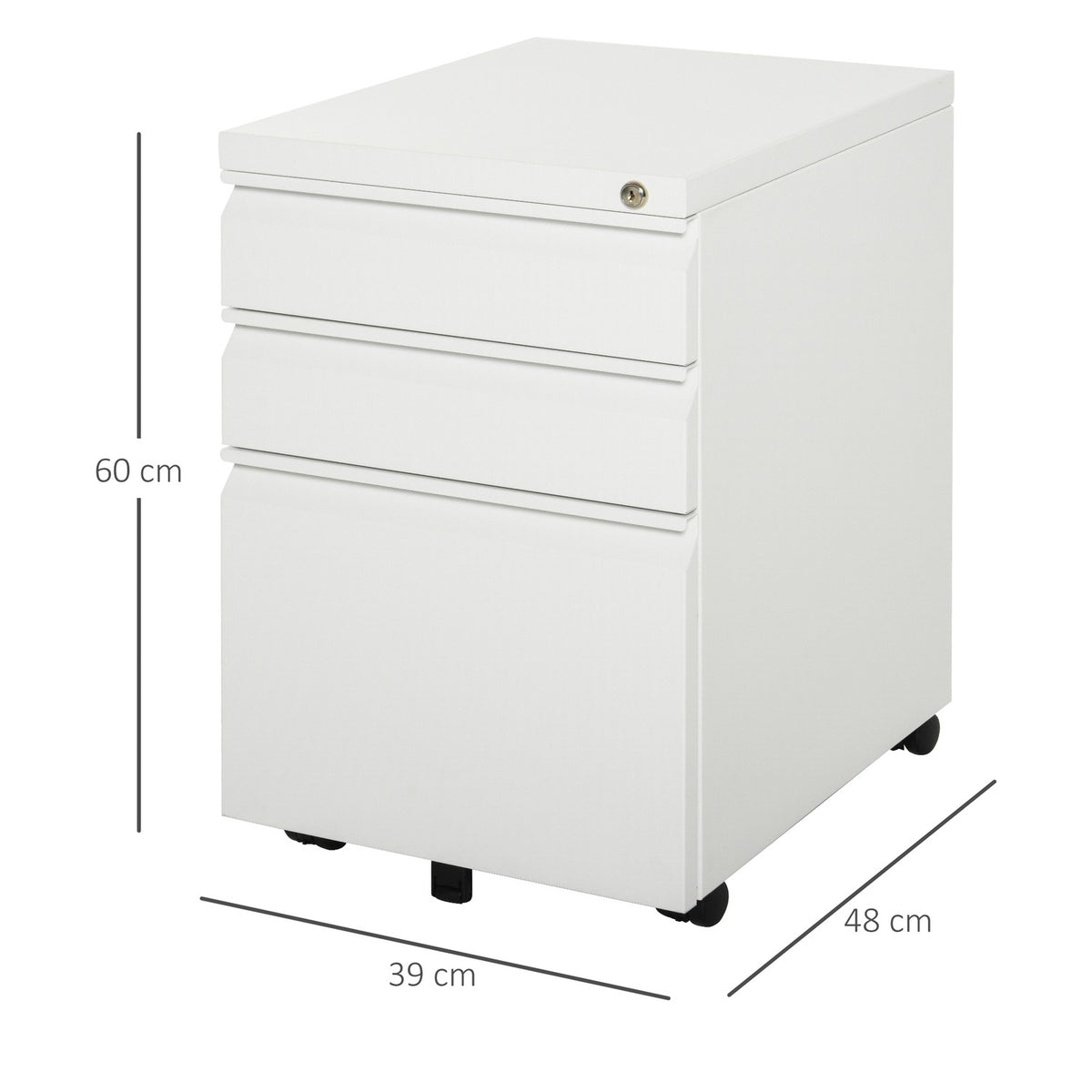 Rolling Container With 3 Drawers, Office Cabinet With Wheels, Concave Handle, Steel, White, 39X48X60Cm