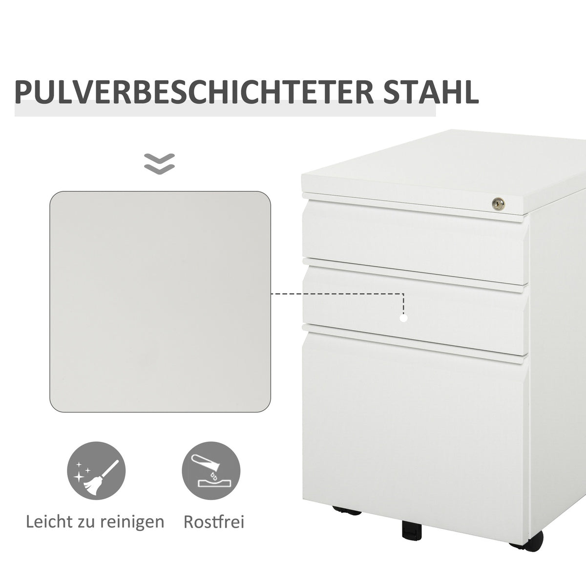 Rolling Container With 3 Drawers, Office Cabinet With Wheels, Concave Handle, Steel, White, 39X48X60Cm