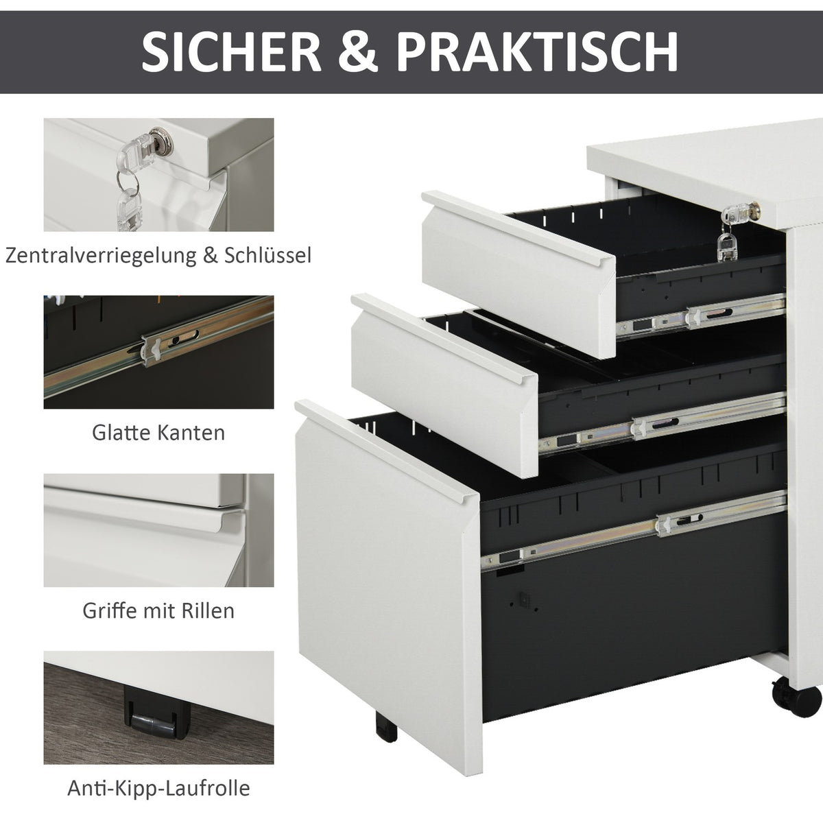 Rolling Container With 3 Drawers, Office Cabinet With Wheels, Concave Handle, Steel, White, 39X48X60Cm