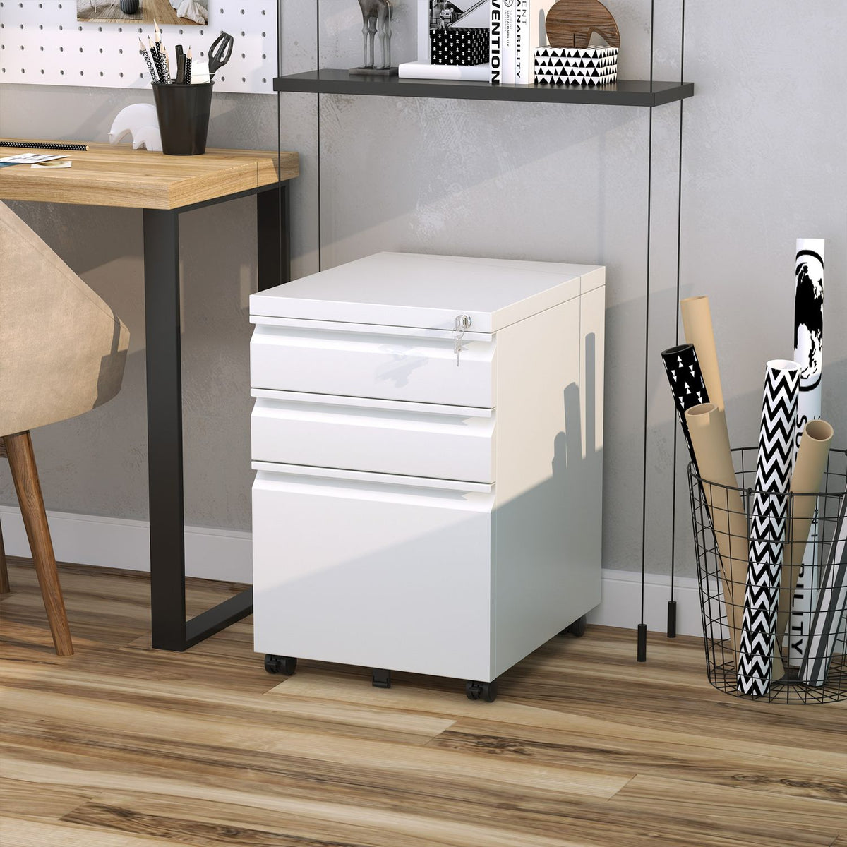 Rolling Container With 3 Drawers, Office Cabinet With Wheels, Concave Handle, Steel, White, 39X48X60Cm