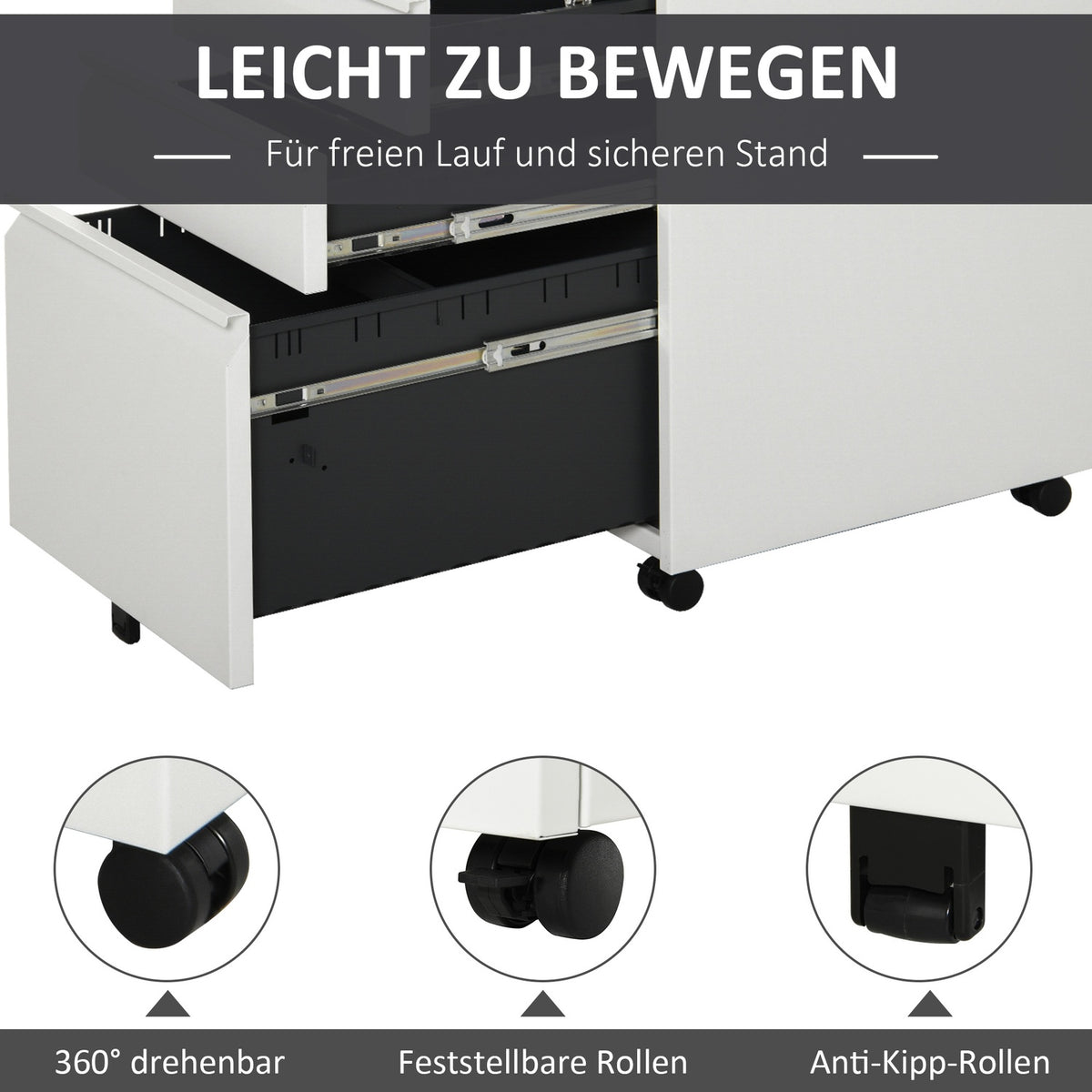 Rolling Container With 3 Drawers, Office Cabinet With Wheels, Concave Handle, Steel, White, 39X48X60Cm