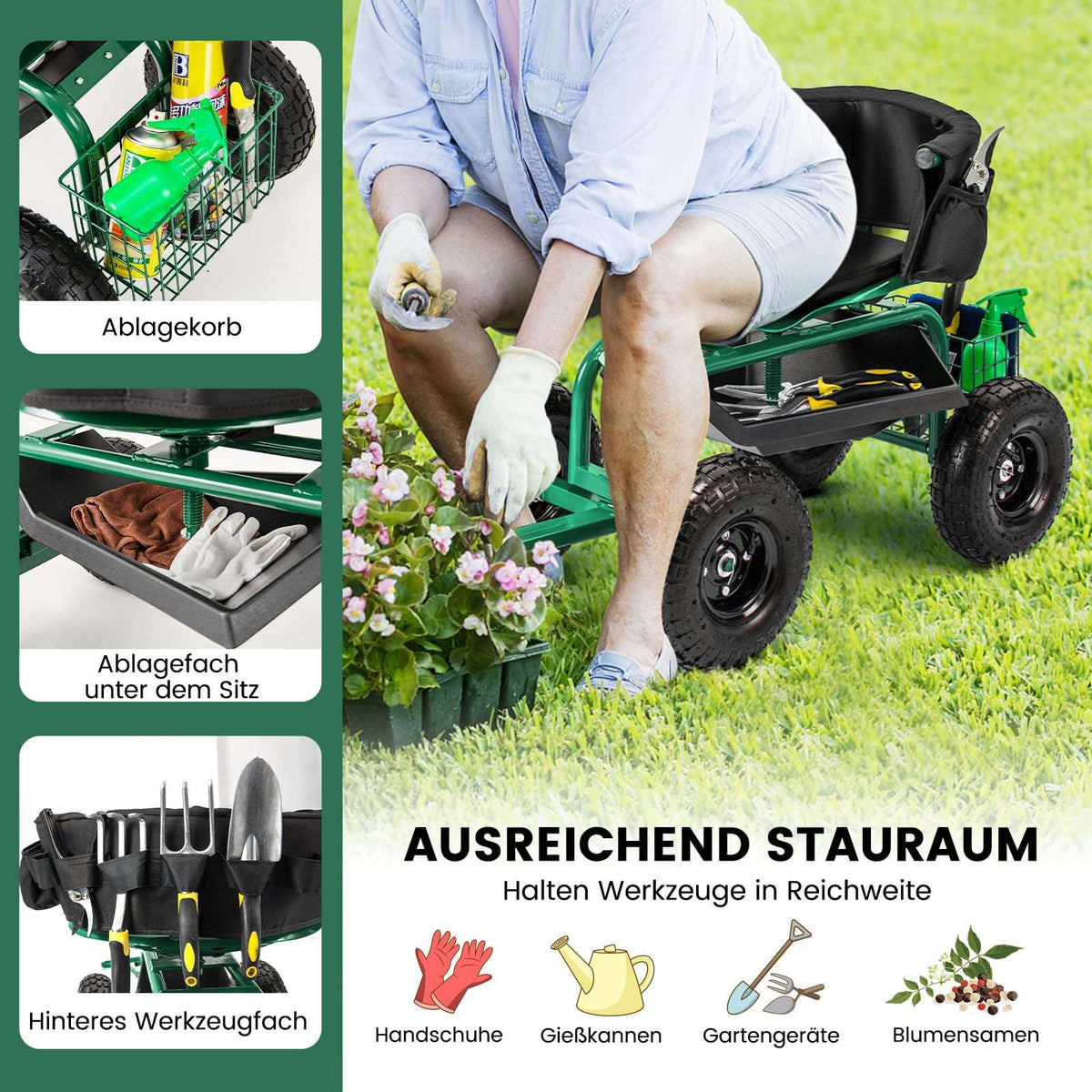 Rolling Garden Seat with Storage, Adjustable, Green