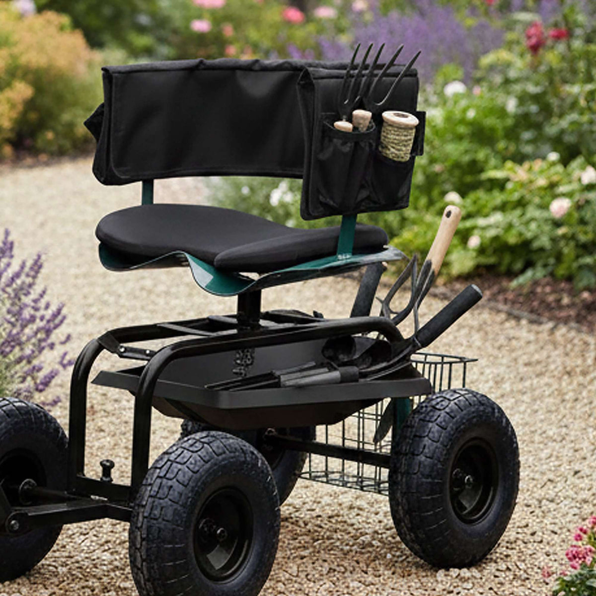 Rolling Garden Seat with Storage and Adjustable Height