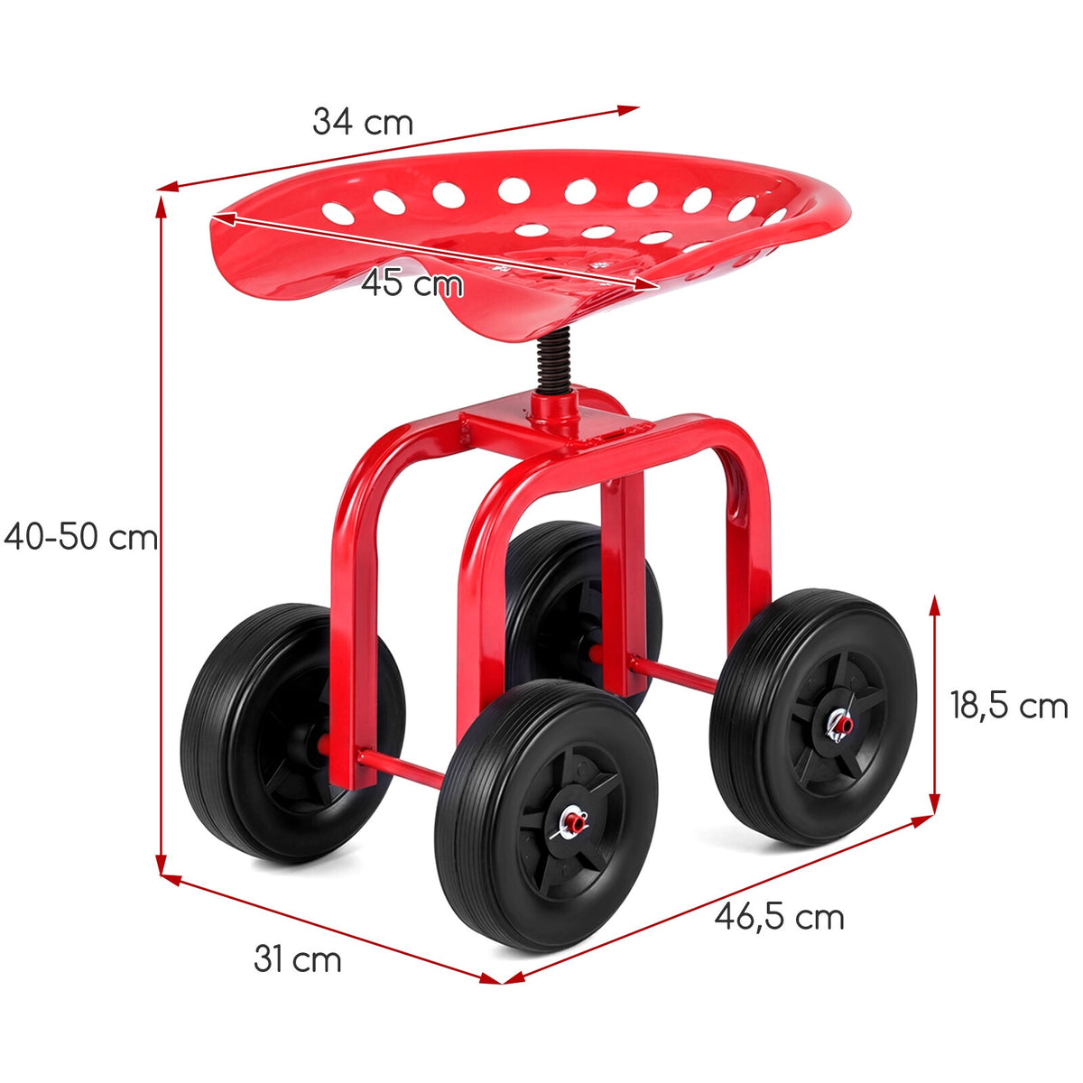 Rolling Garden Seat with Swivel & Adjustable Height, Red