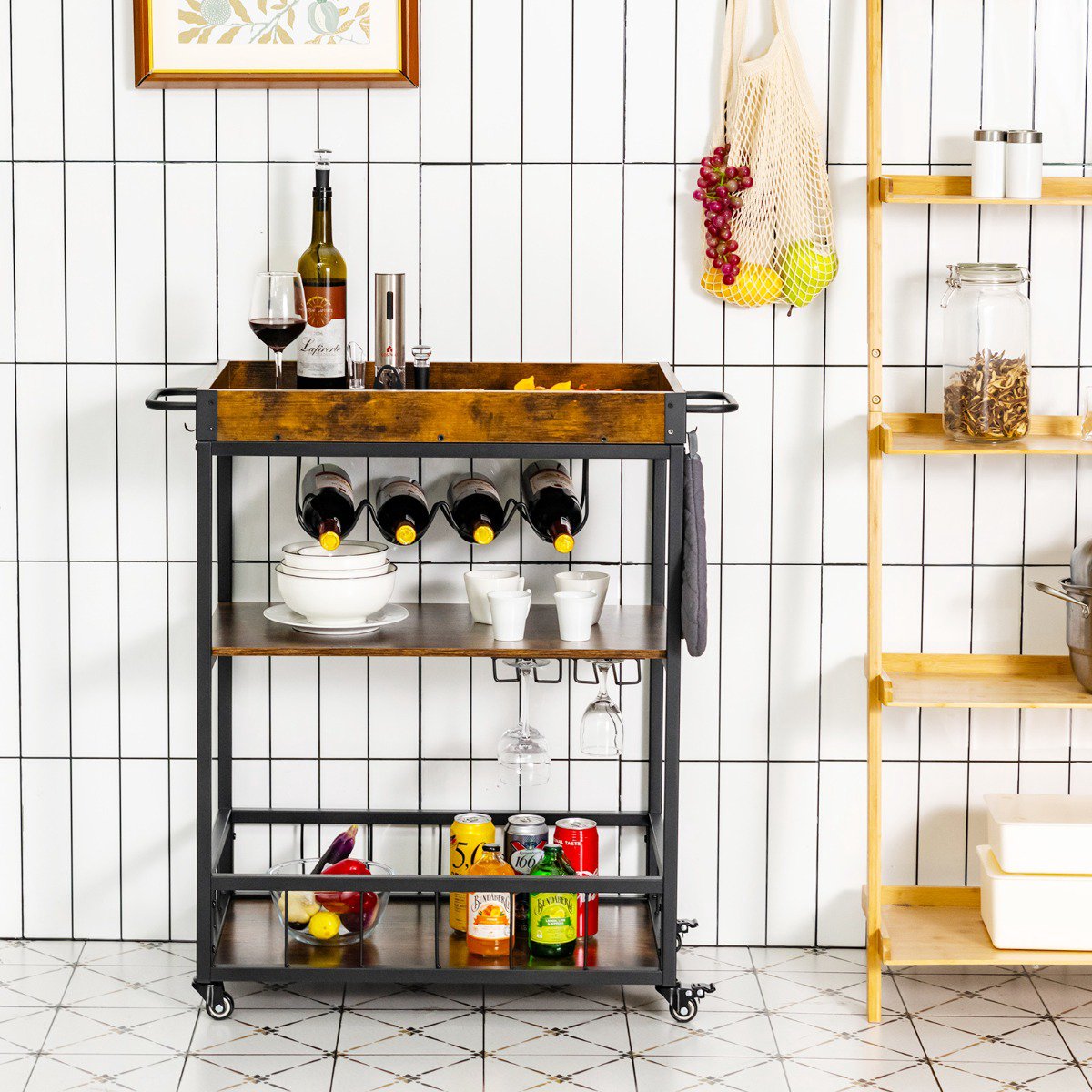 Rolling Kitchen Bar Cart, 3-Tier, Wine Rack, Rustic Brown