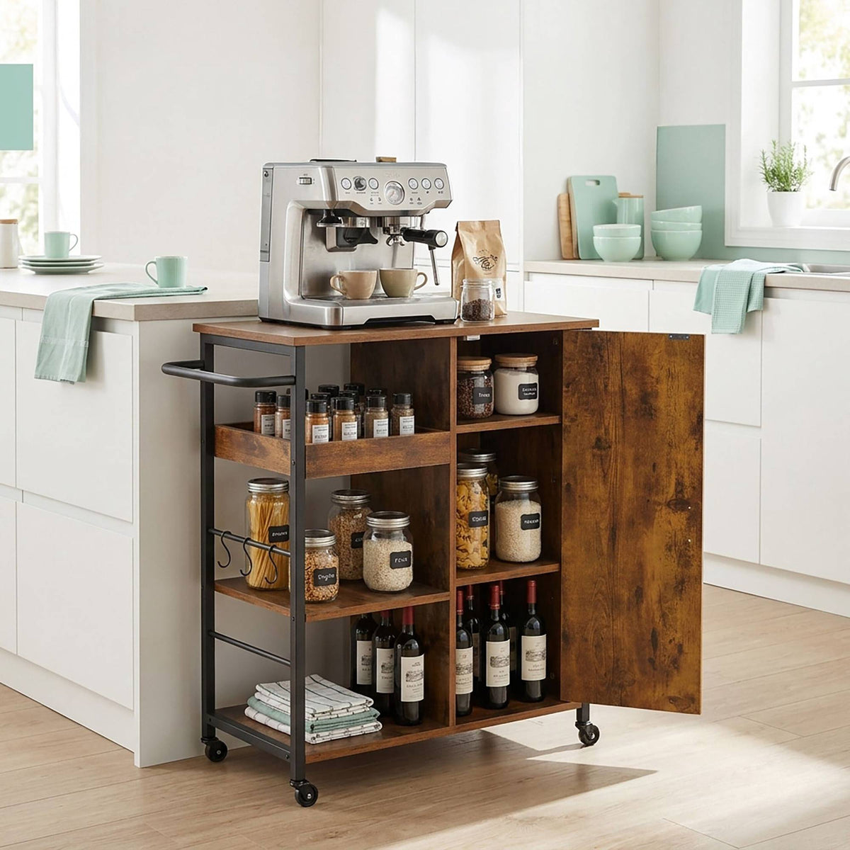 Rolling Kitchen Cart With Cabinet, Locking Casters