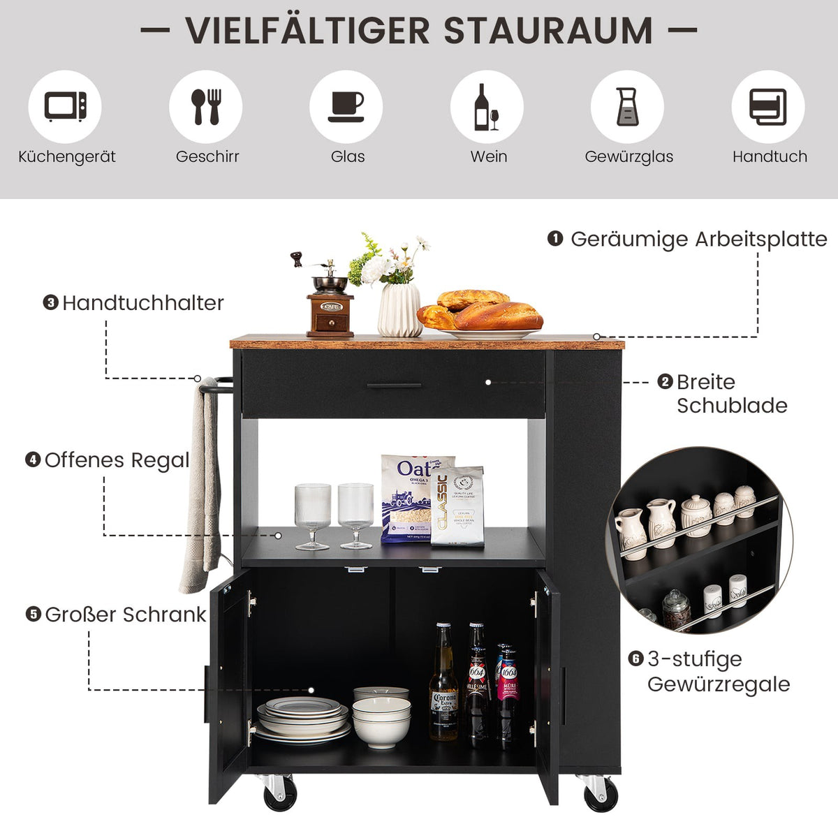 Rolling Kitchen Cart with Charging Station & Storage