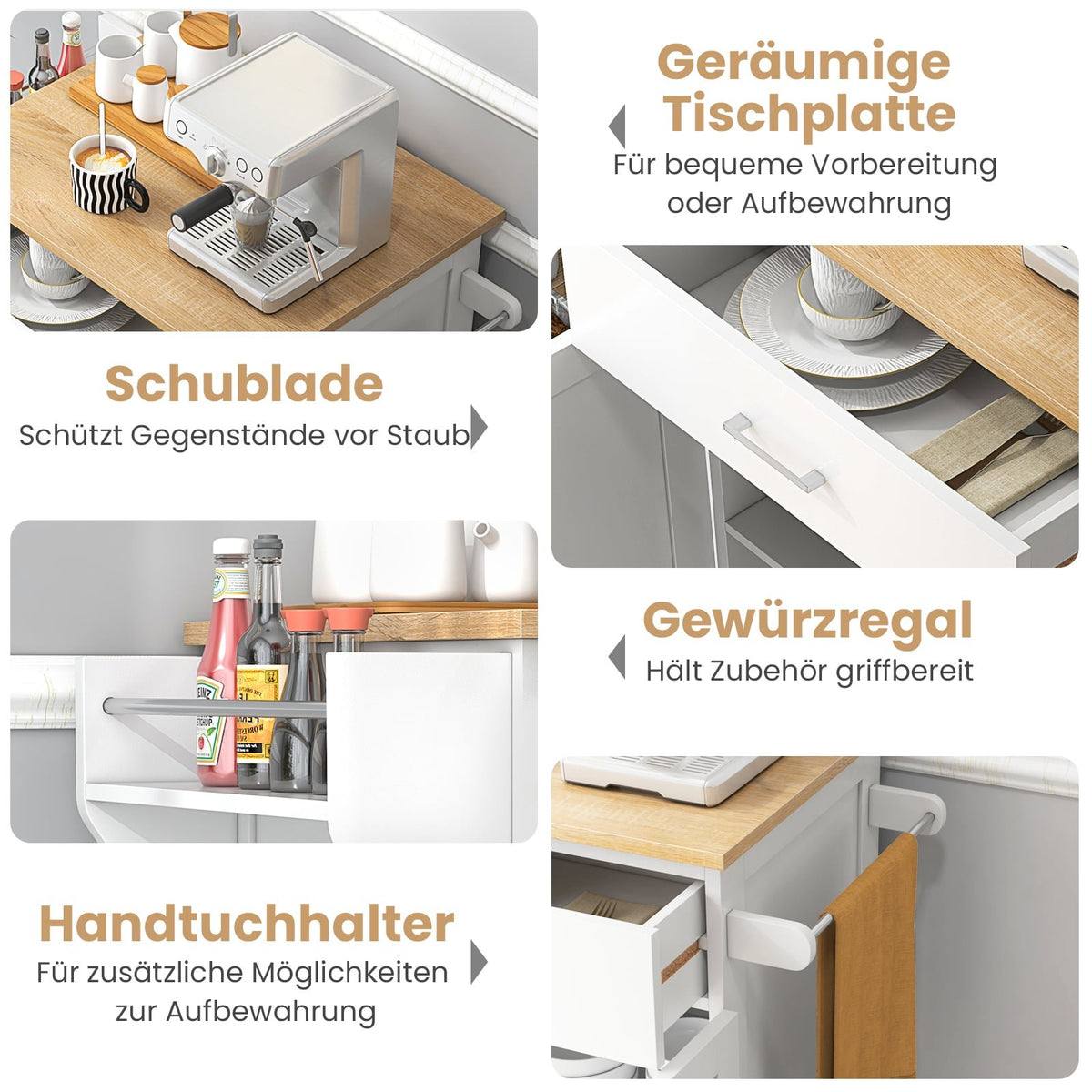 Rolling Kitchen Cart with Drawer, Spice Rack, Towel Bars