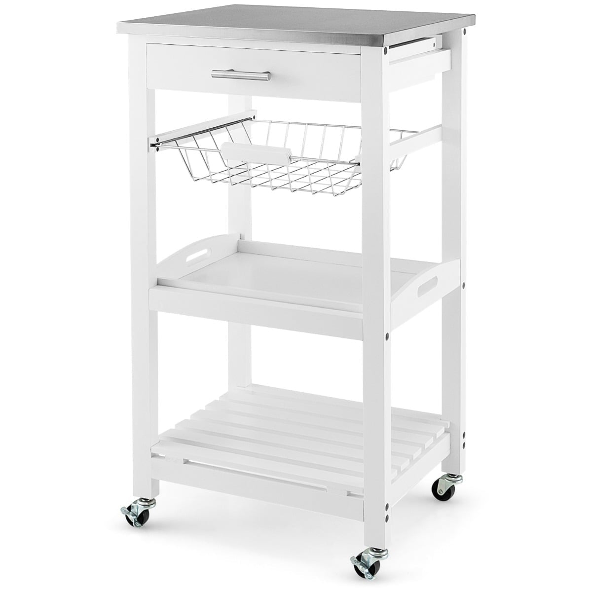 Rolling Kitchen Island Cart with Stainless Steel Top, White
