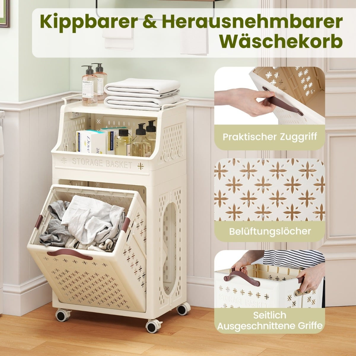Rolling Laundry Basket with Shelf, Foldable, Beige, 30L