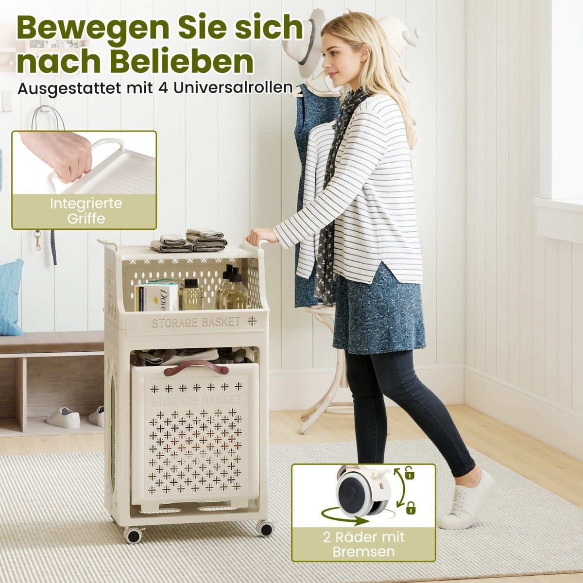 Rolling Laundry Basket with Shelf, Foldable, Beige, 30L