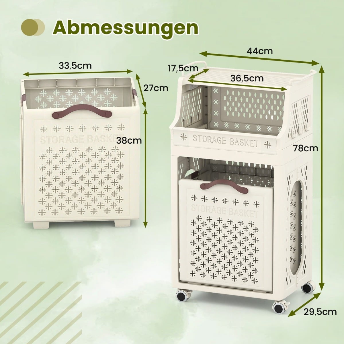 Rolling Laundry Basket with Shelf, Foldable, Beige, 30L