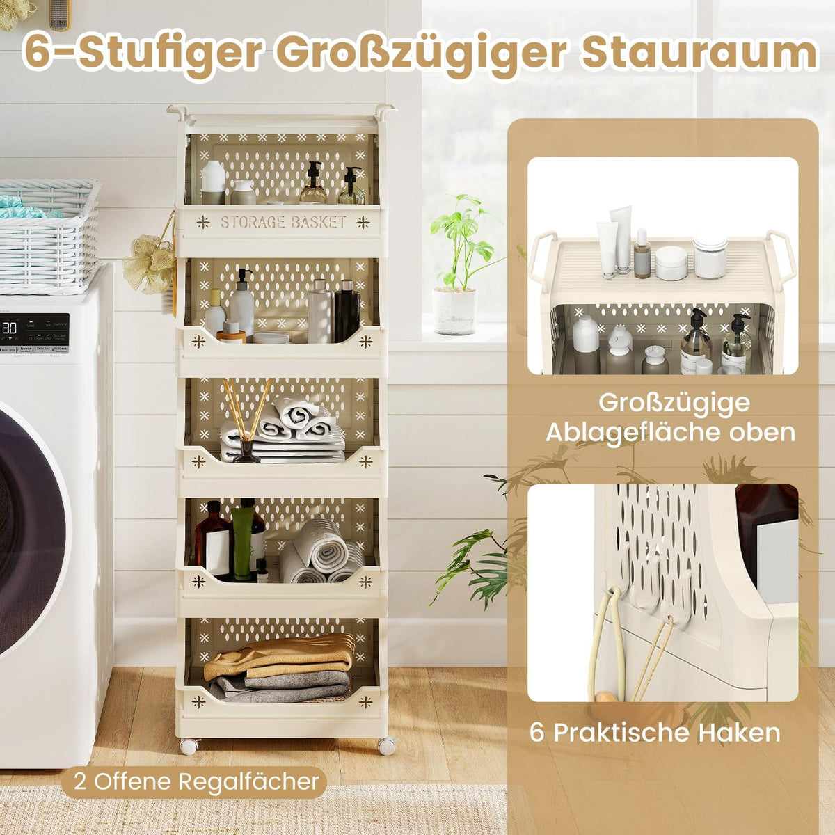 Rolling Laundry Cart with Handles & Hooks, 6-Tier Stackable Storage