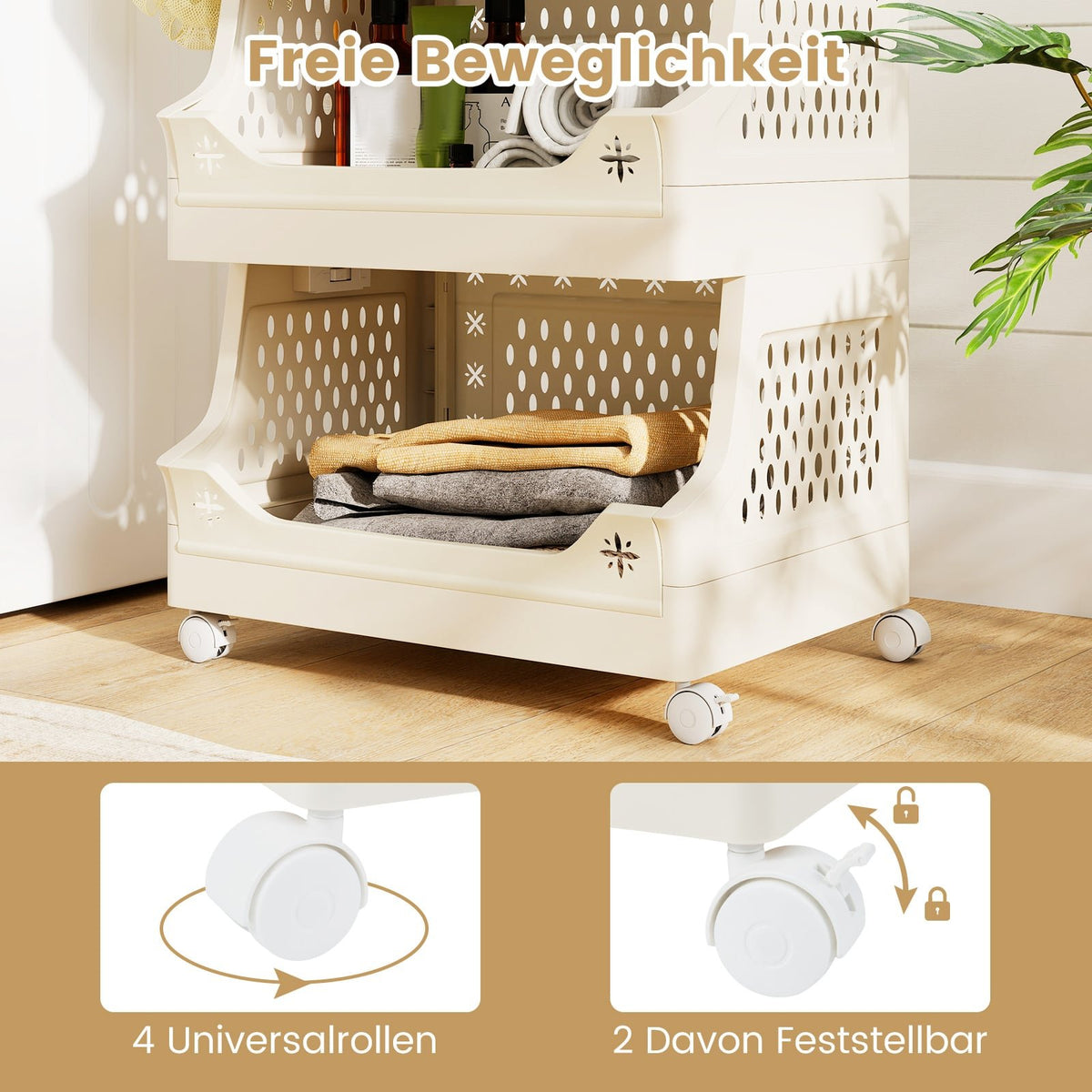 Rolling Laundry Cart with Handles & Hooks, 6-Tier Stackable Storage